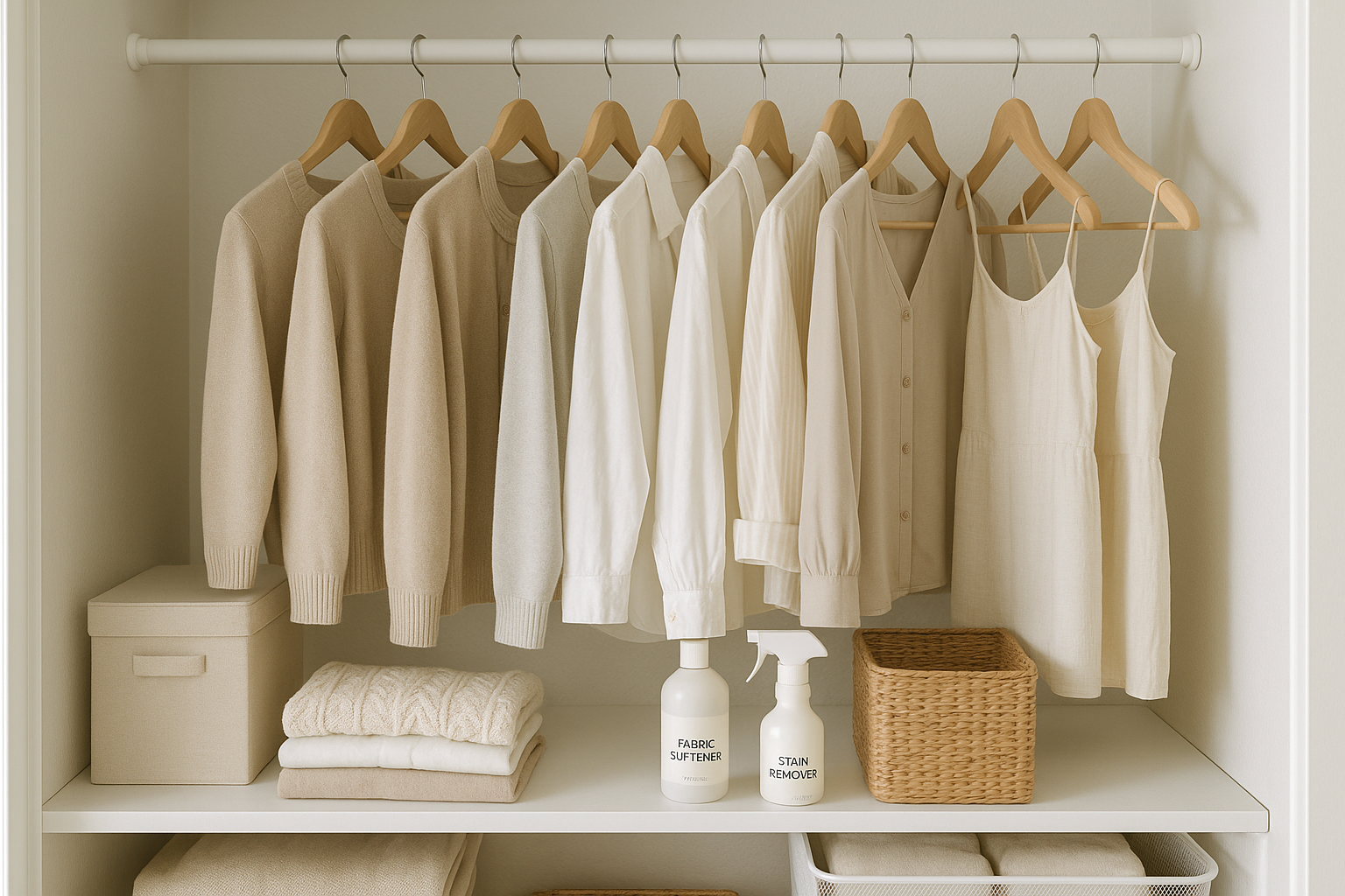 Dressing organisé avec vêtements suspendus sur cintres en bois, produits d'entretien et solutions de rangement dans atmosphère lumineuse