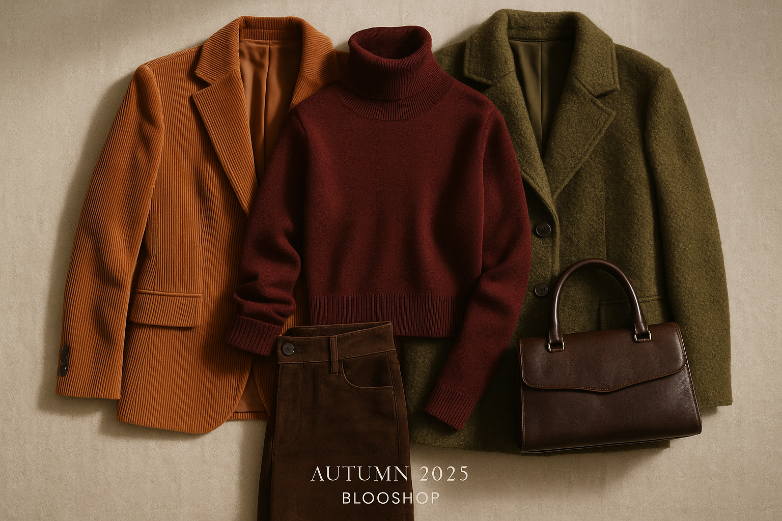 Flat lay tendances mode automne 2025 avec vêtements en terracotta, bordeaux, marron chocolat et vert olive, matières velours côtelé, laine bouclée, cuir vieilli et suédine