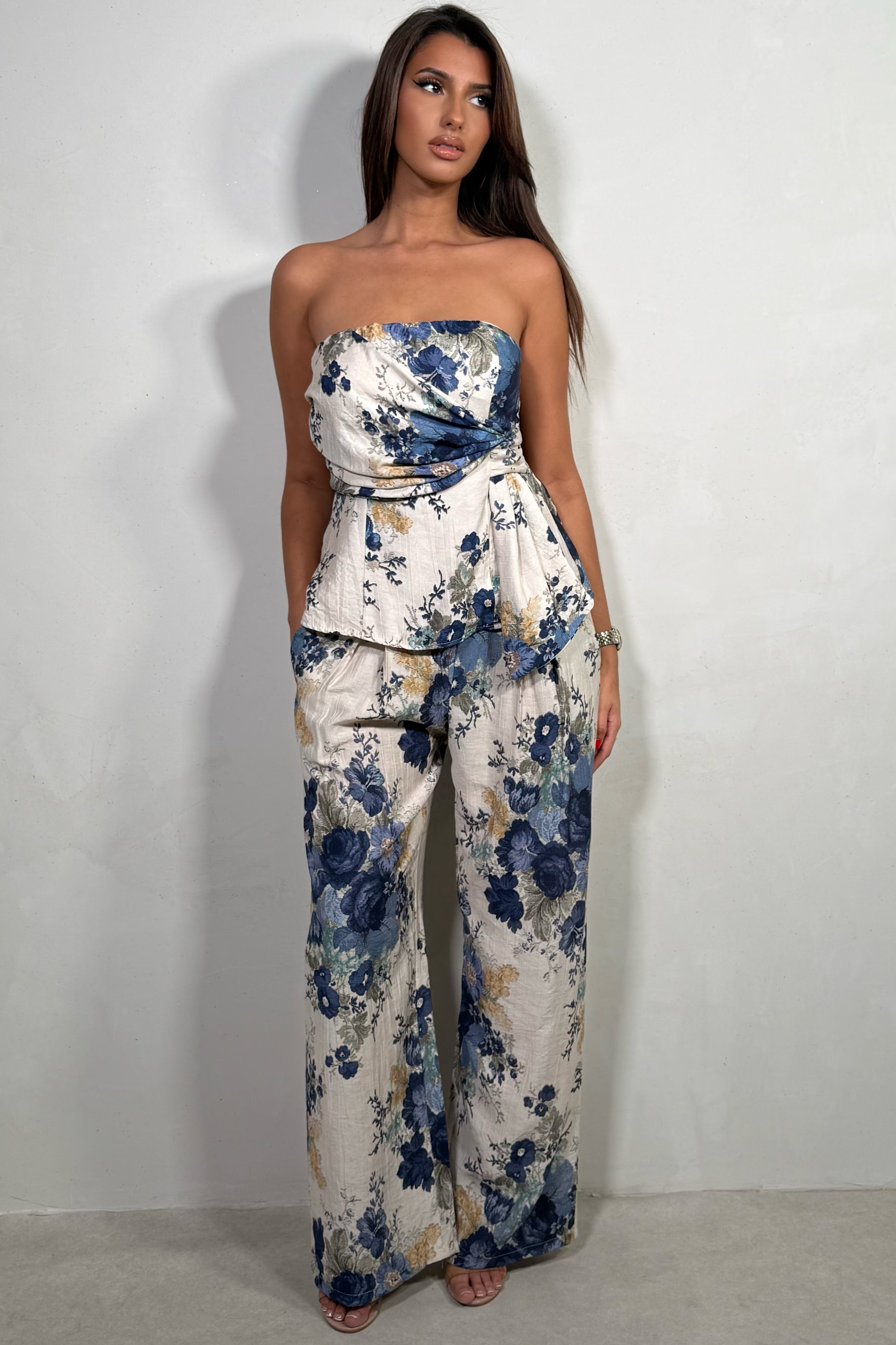 Ensemble Bustier Drapé & Pantalon Fleuri Fluide – Coton Imprimé