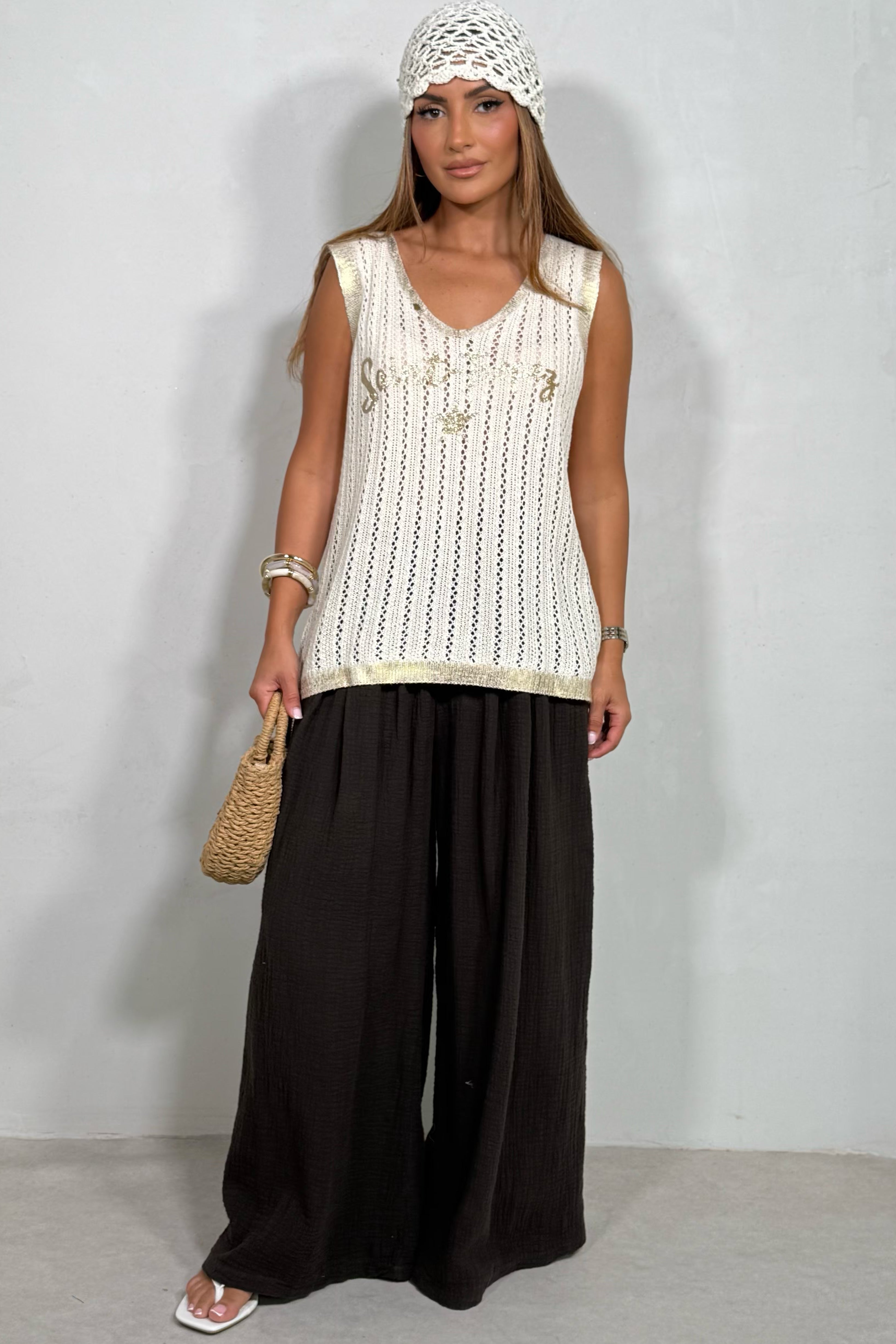 Pantalon Palazzo Femme en Mousseline de Coton Texturée Marron