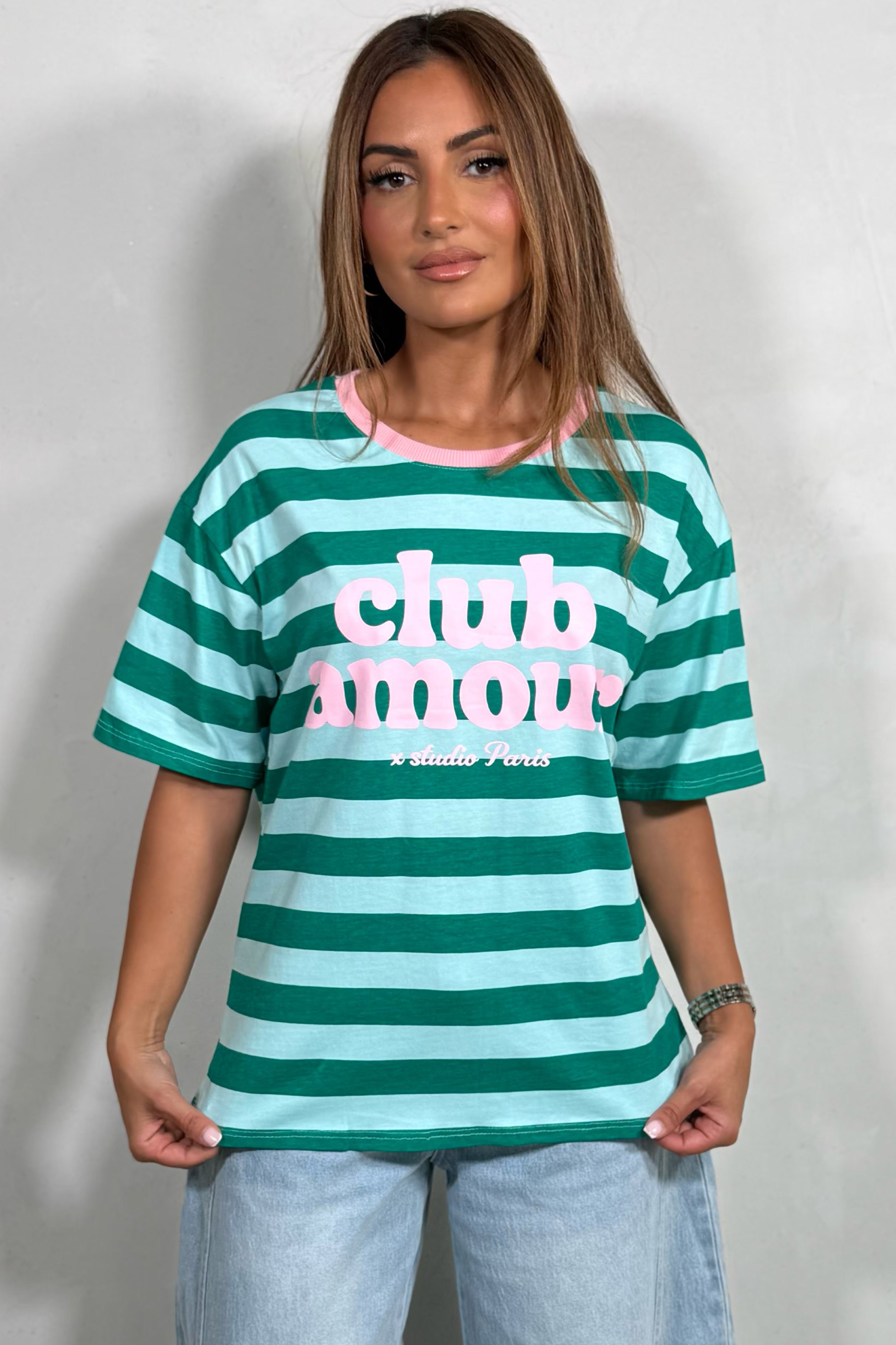 T-shirt Oversize Femme Rayé Inscription Club Amour