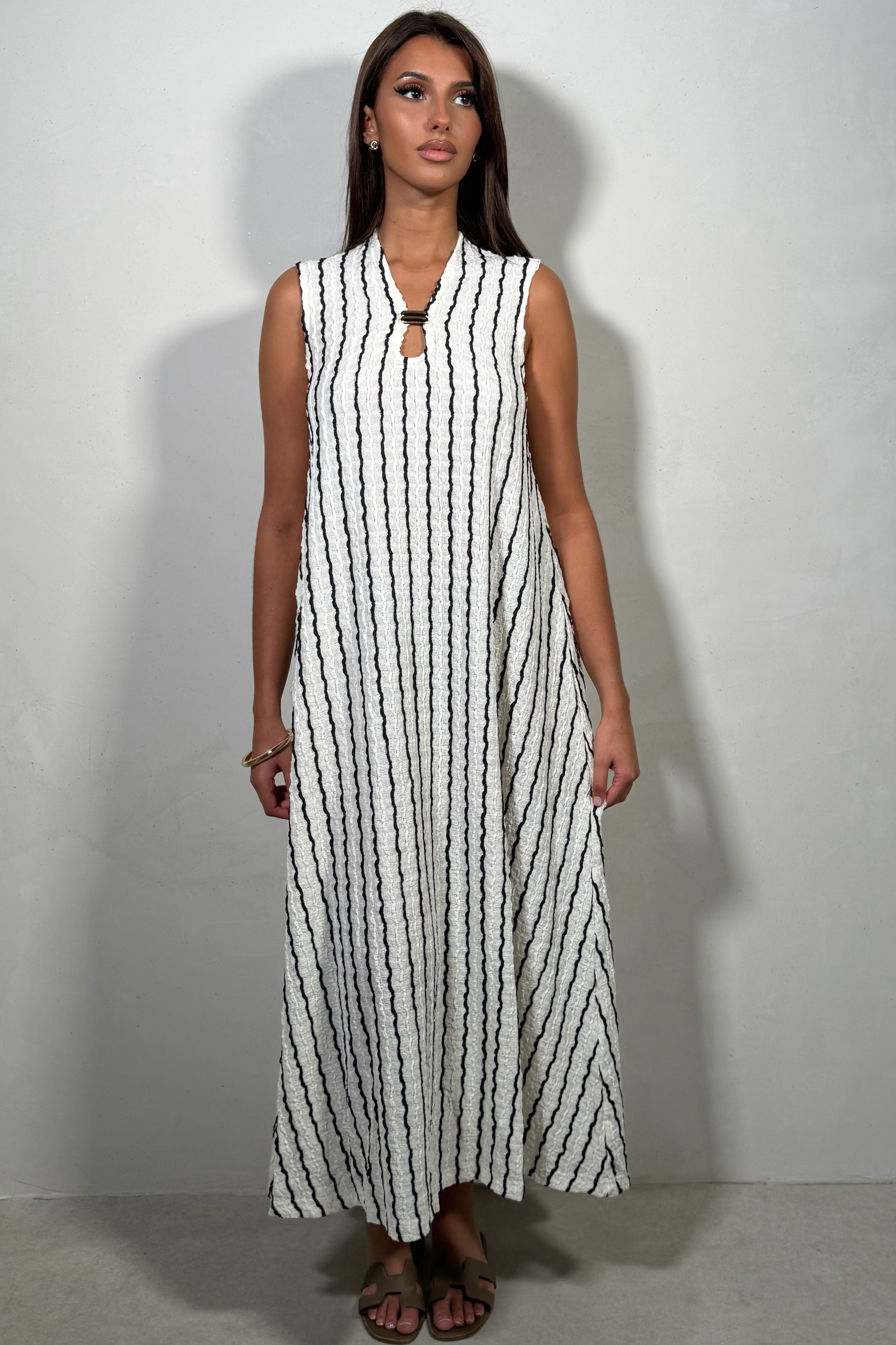 Robe Femme Sans Manches Rayée Avec Boucle Chic