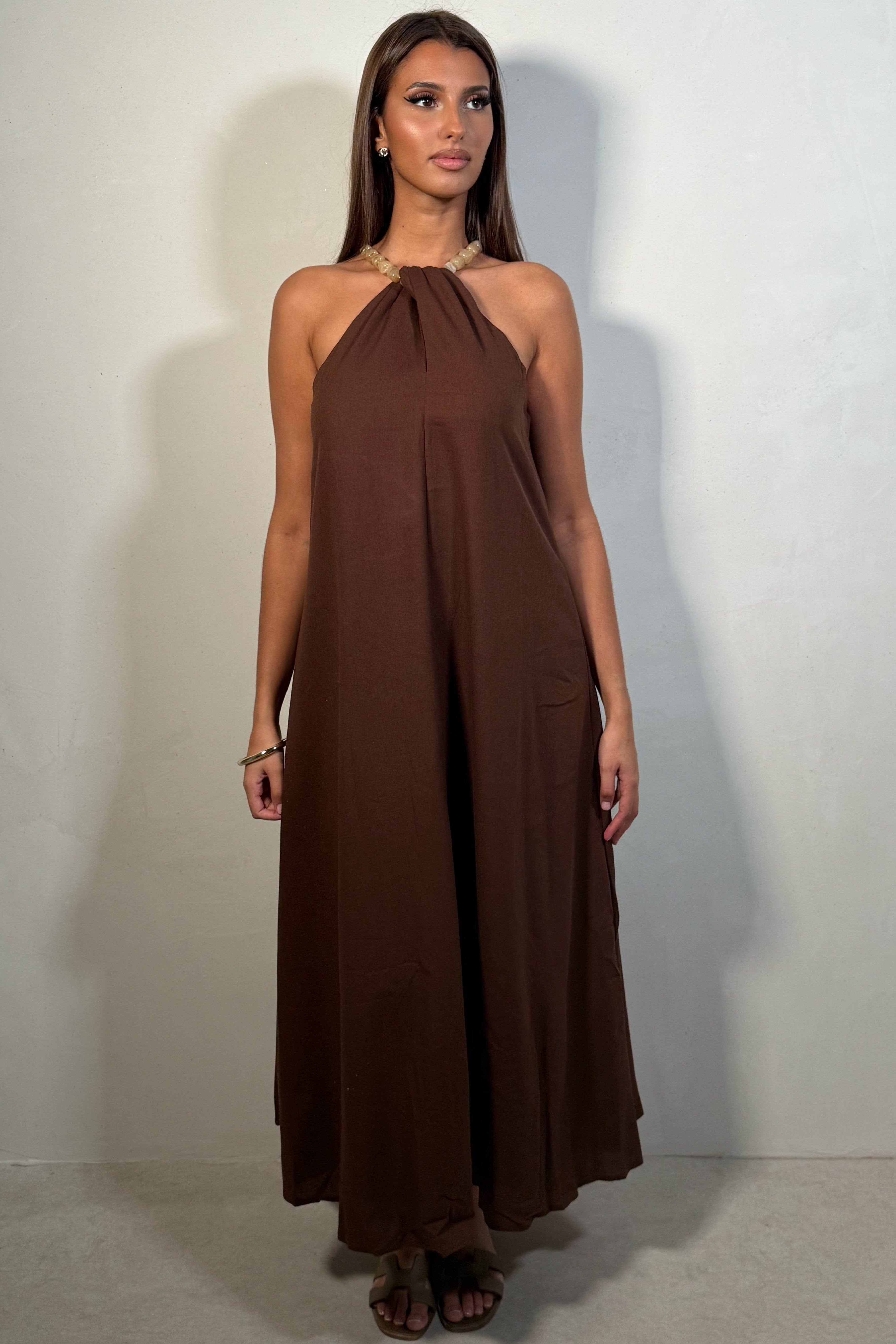 Robe Femme Longue Avec Collier Perles Chic