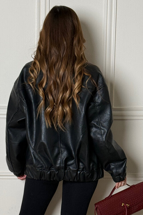 Blouson simili cuir col montant femme porté style urbain - Blooshop"