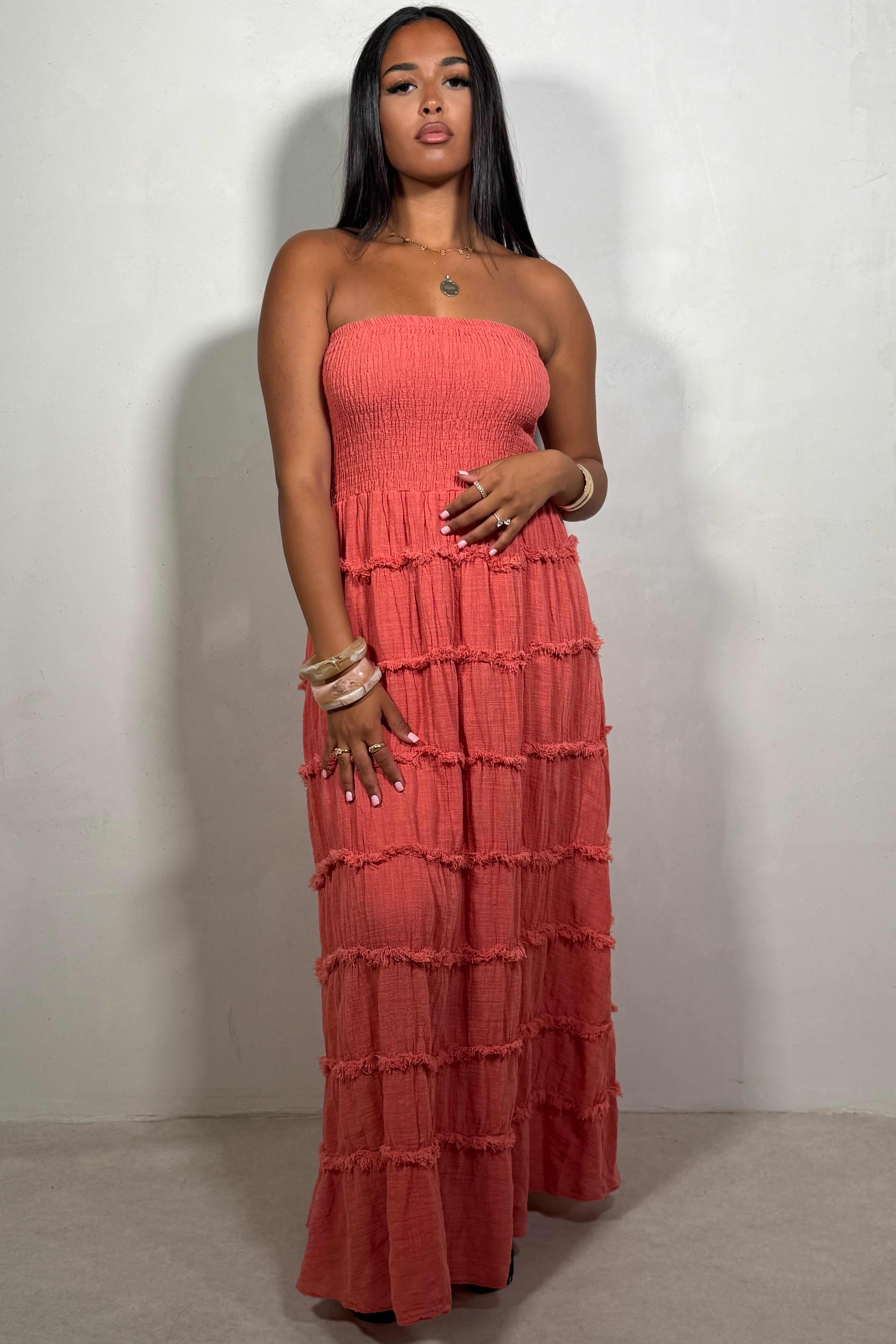 Robe Femme Longue Smockée A Volants