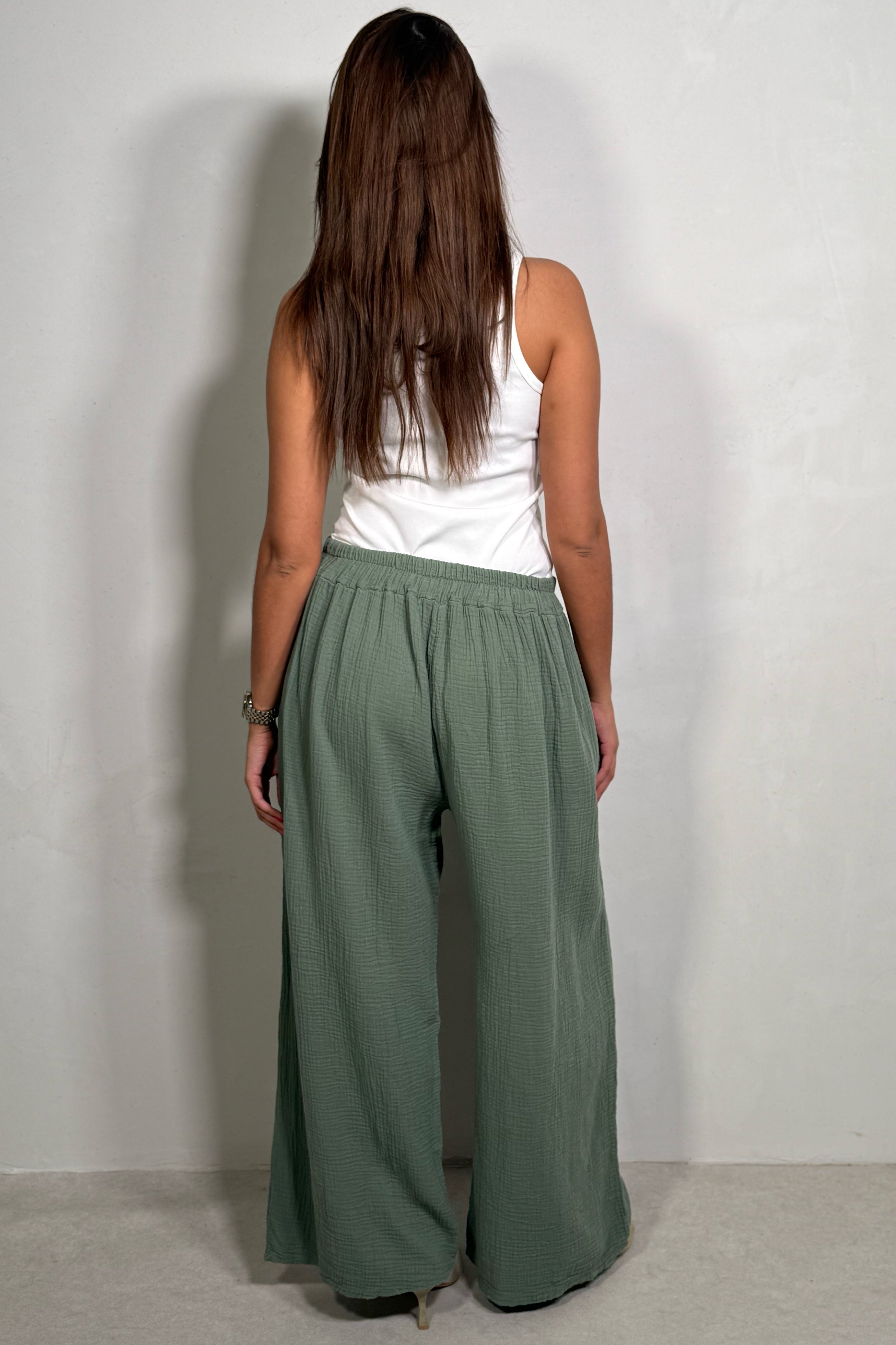 Pantalon Large en Gaze de Coton – Fluidité & Légèreté Kaki Femme