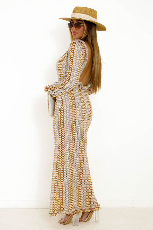 Robe Col Rond Dos Nu Tricot Colorée