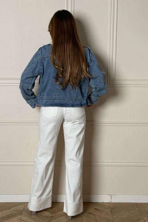 Veste Denim Col Montant + Poches