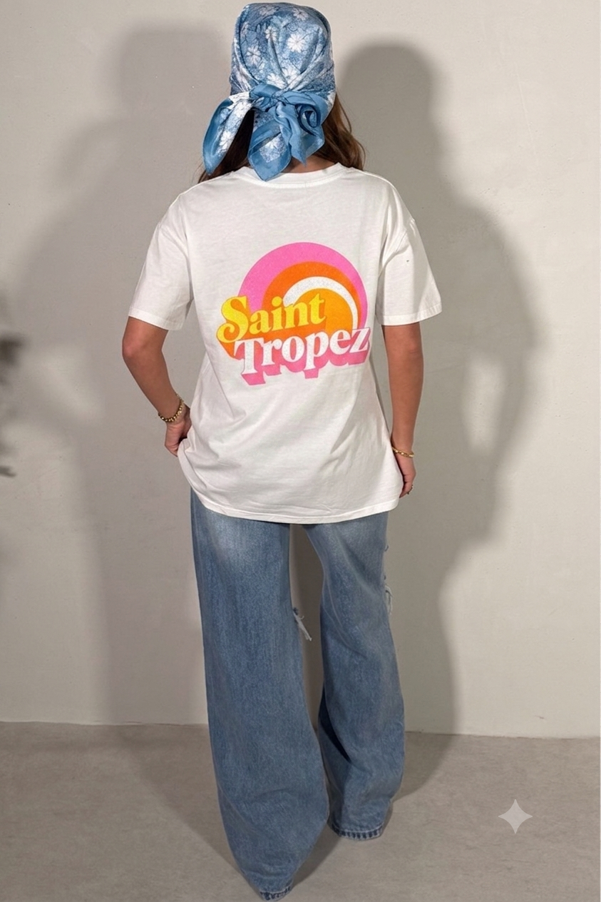 T-shirt Oversize Femme – Imprimé Rétro Saint-Tropez | Blanc, Rose & Orange