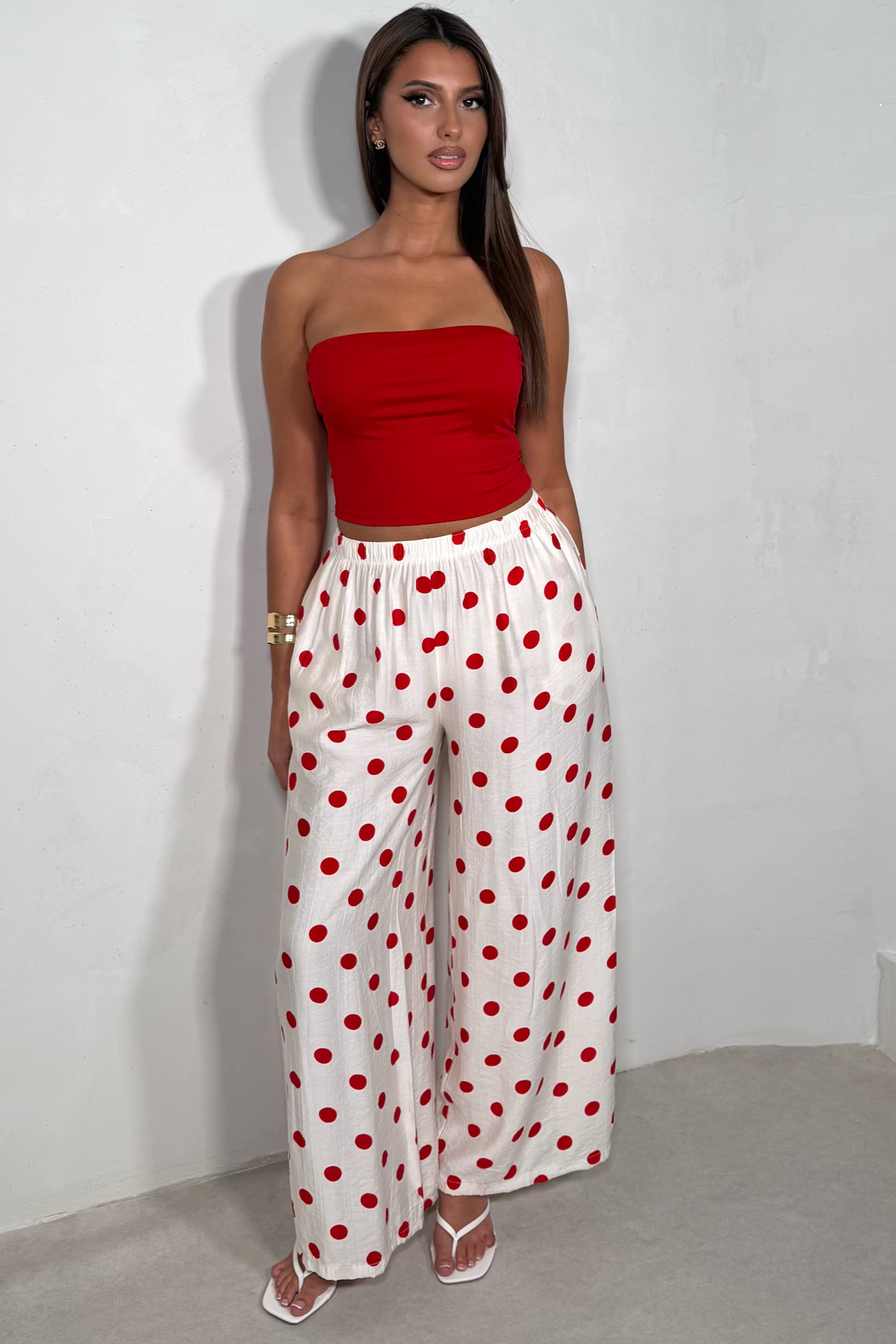 Pantalon large fluide à pois coloris rouge taille unique