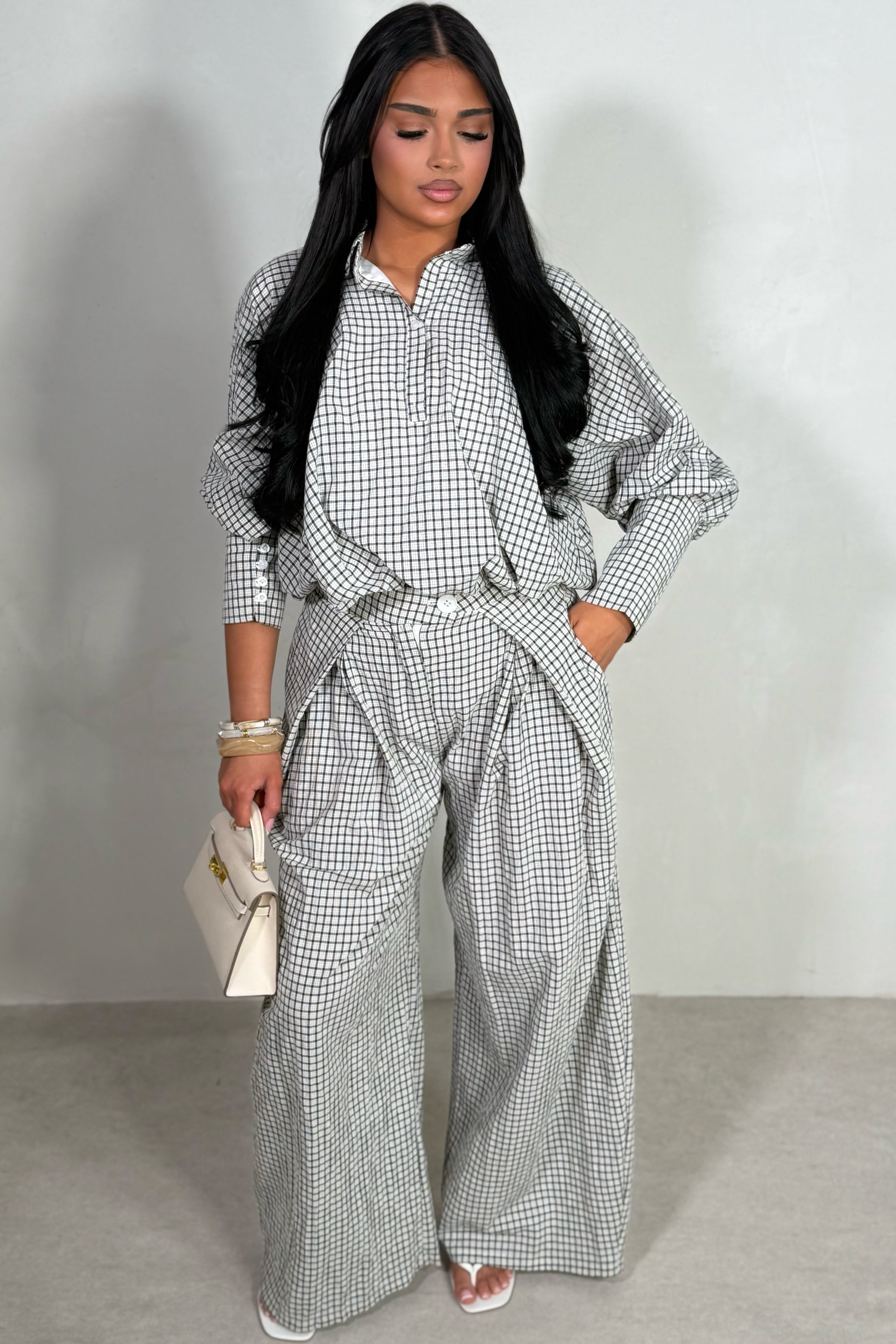Pantalon Large Femme Taille Haute Carreaux – Plis d’Aisance 100% Coton
