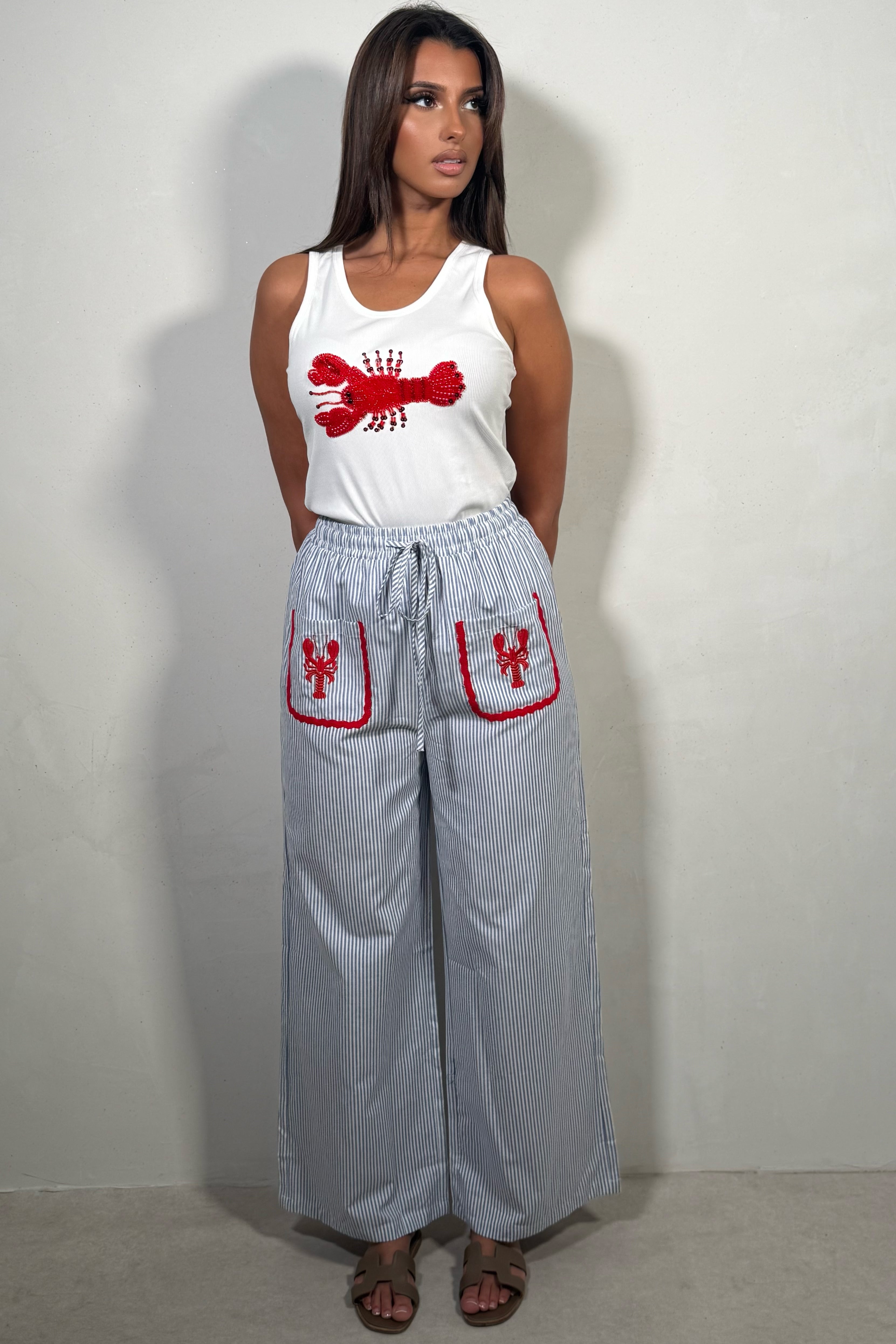Top Débardeur Blanc à Perles Femme - Motif Homard