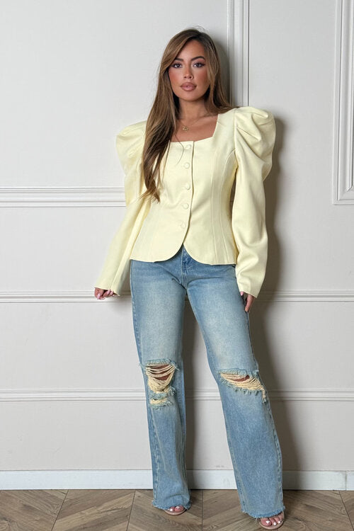 Blazer Femme Col Carré Épaules Bouffantes - Style Élégant et Moderne