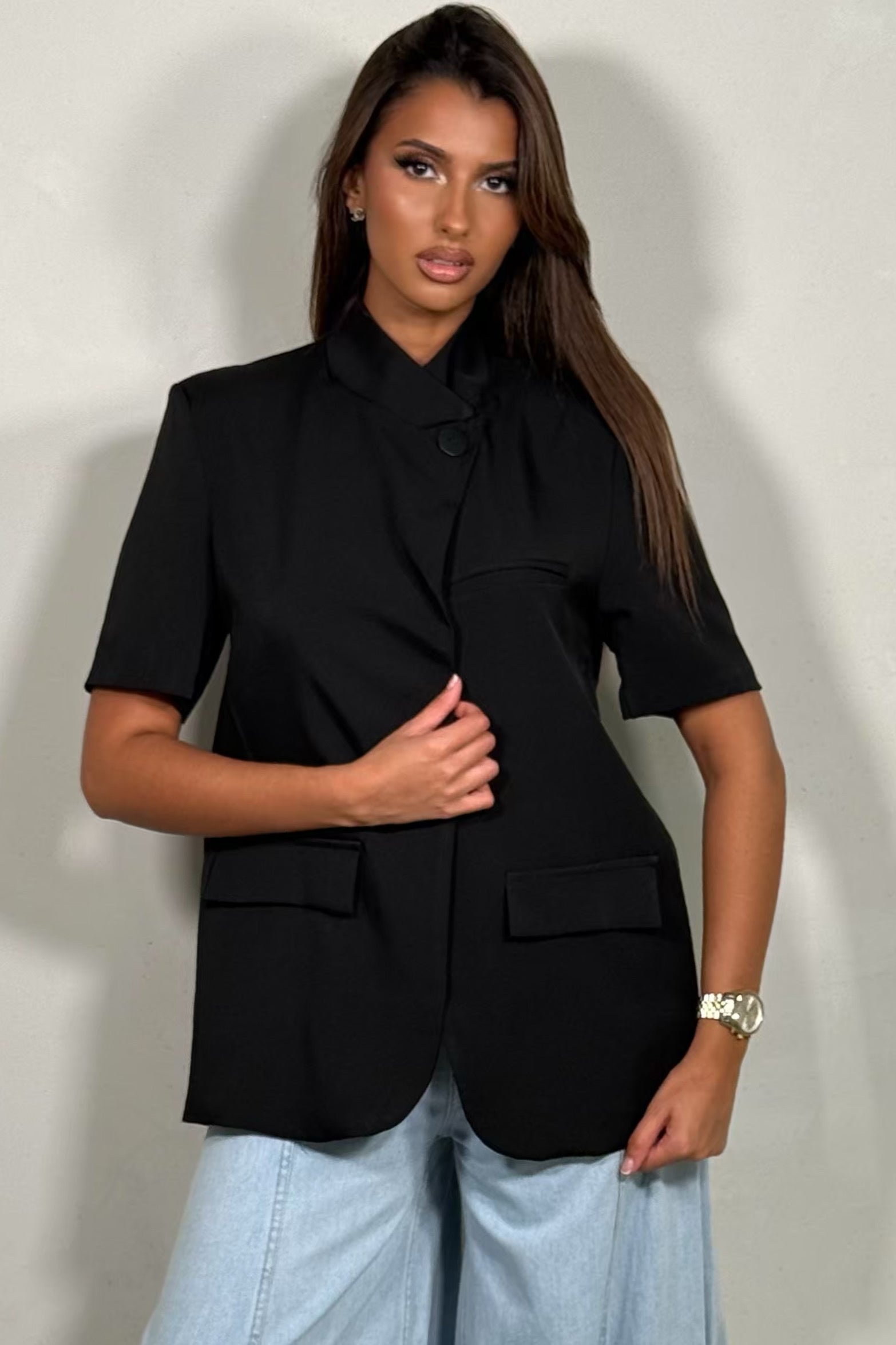 Veste Blazer Femme à Manche courte, Dos Croisé et Fendu