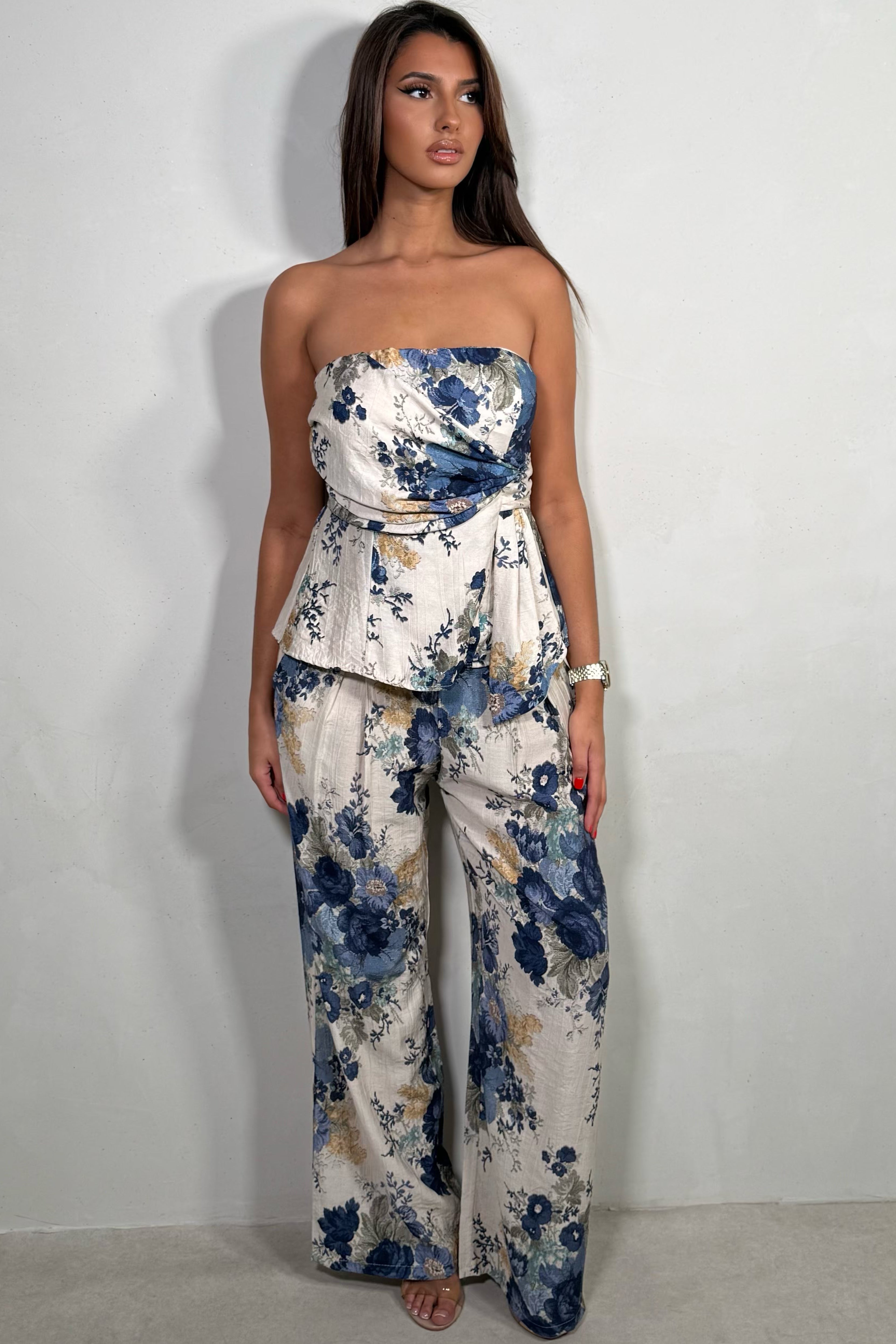 Ensemble Bustier Drapé & Pantalon Fleuri Fluide – Coton Imprimé