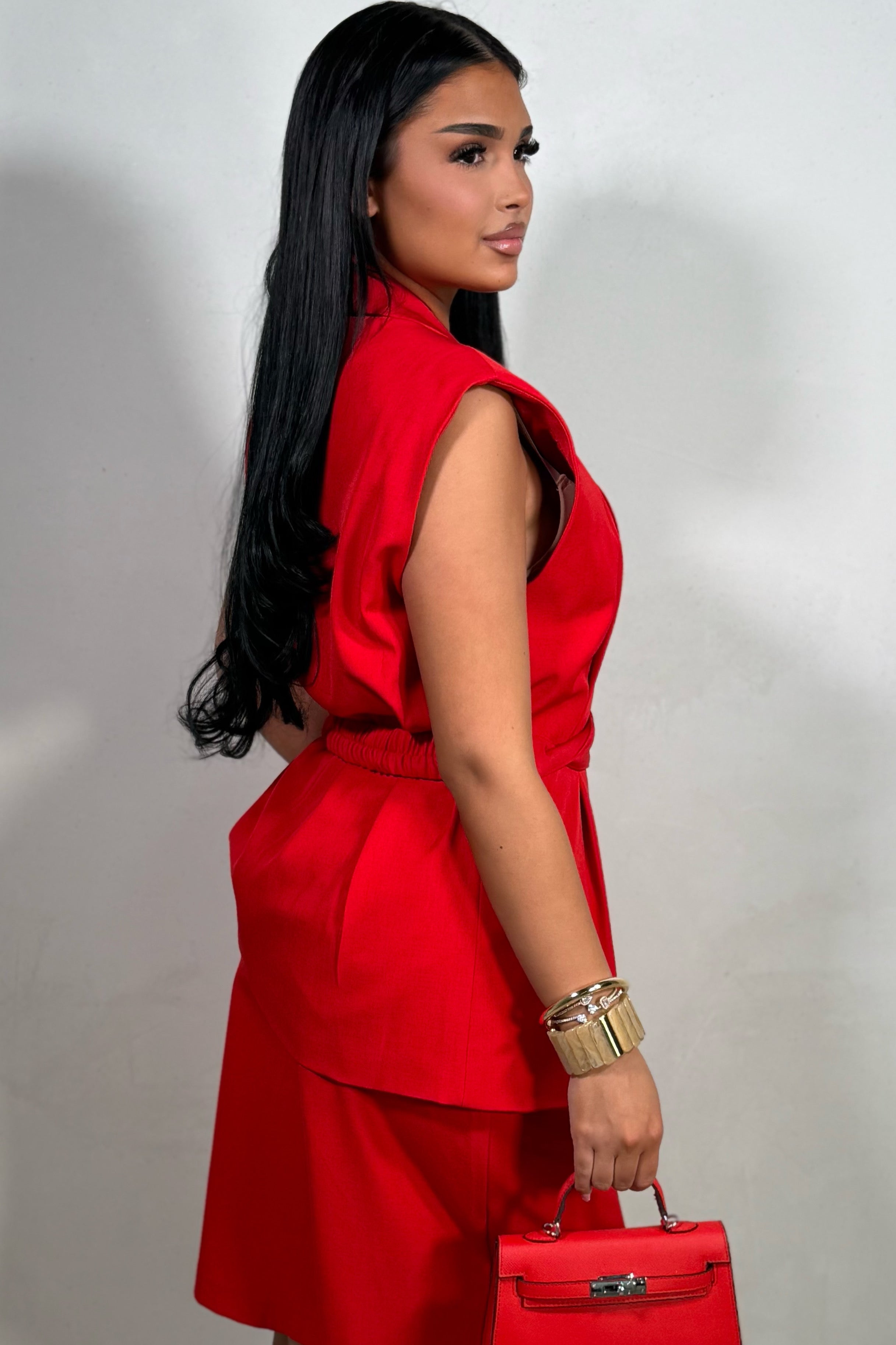 Blazer Sans Manches Ceinturé Rouge Femme