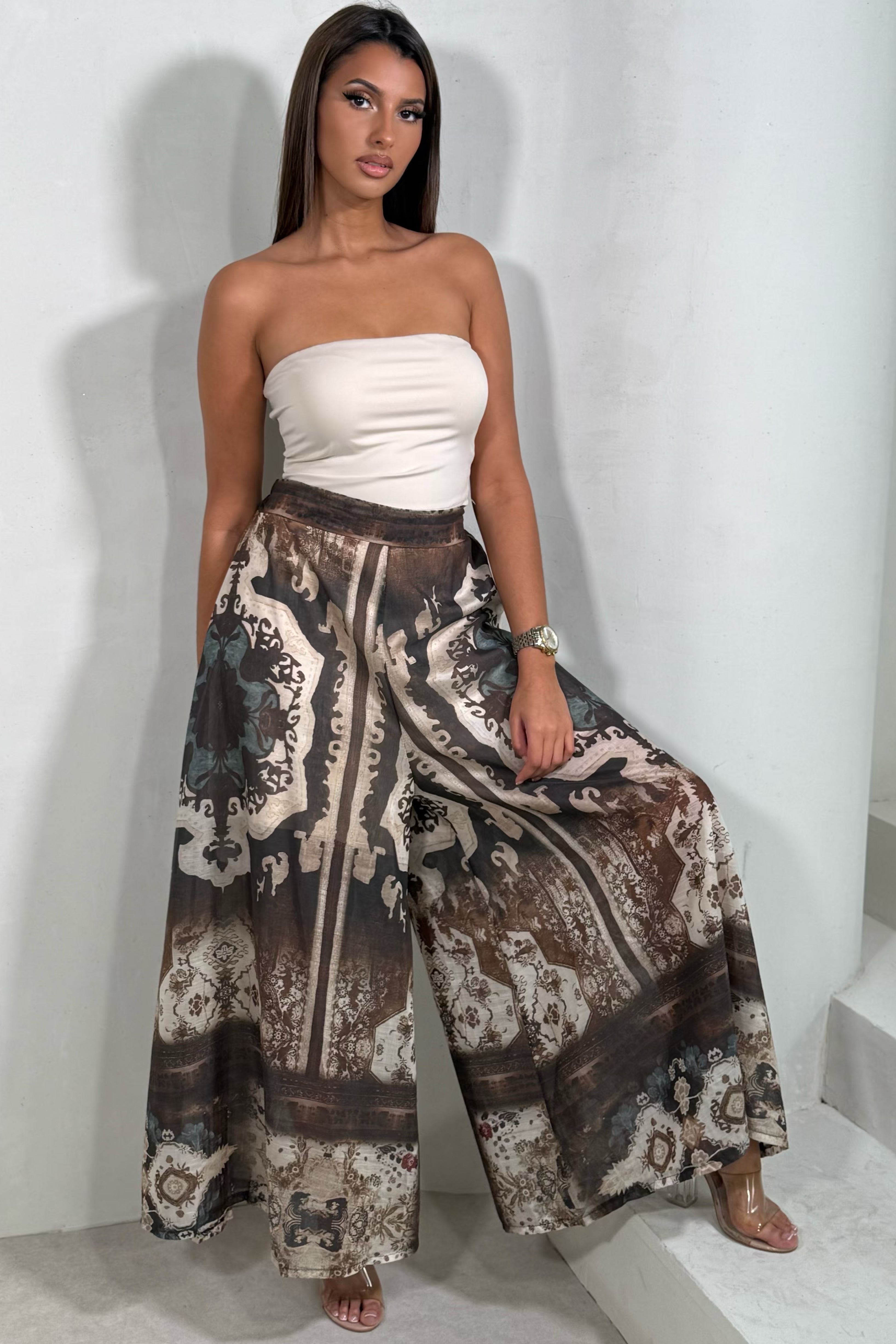 Pantalon Fluide Imprimé Baroque | Marron & Crème