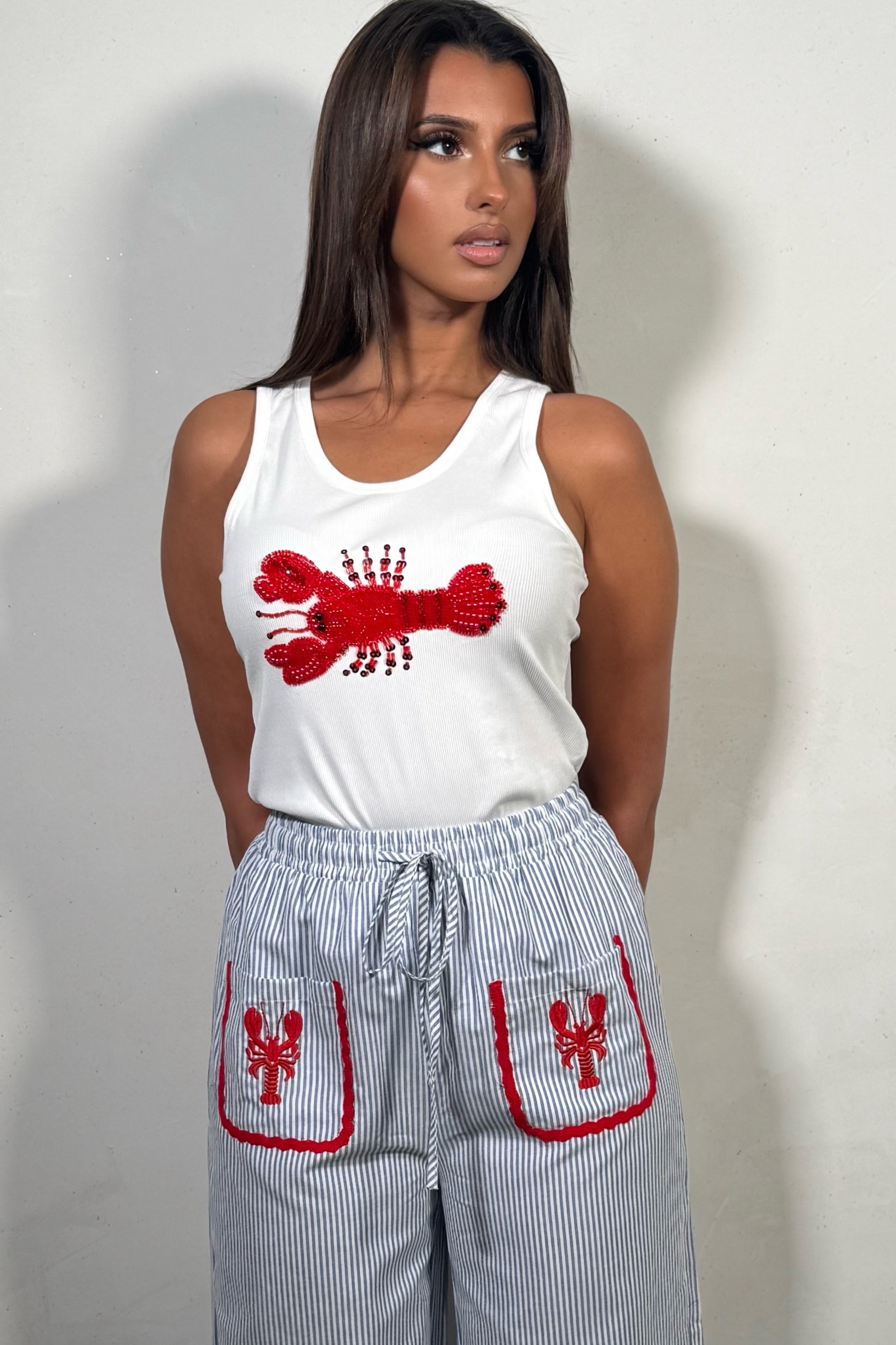 Top Débardeur Blanc à Perles Femme - Motif Homard