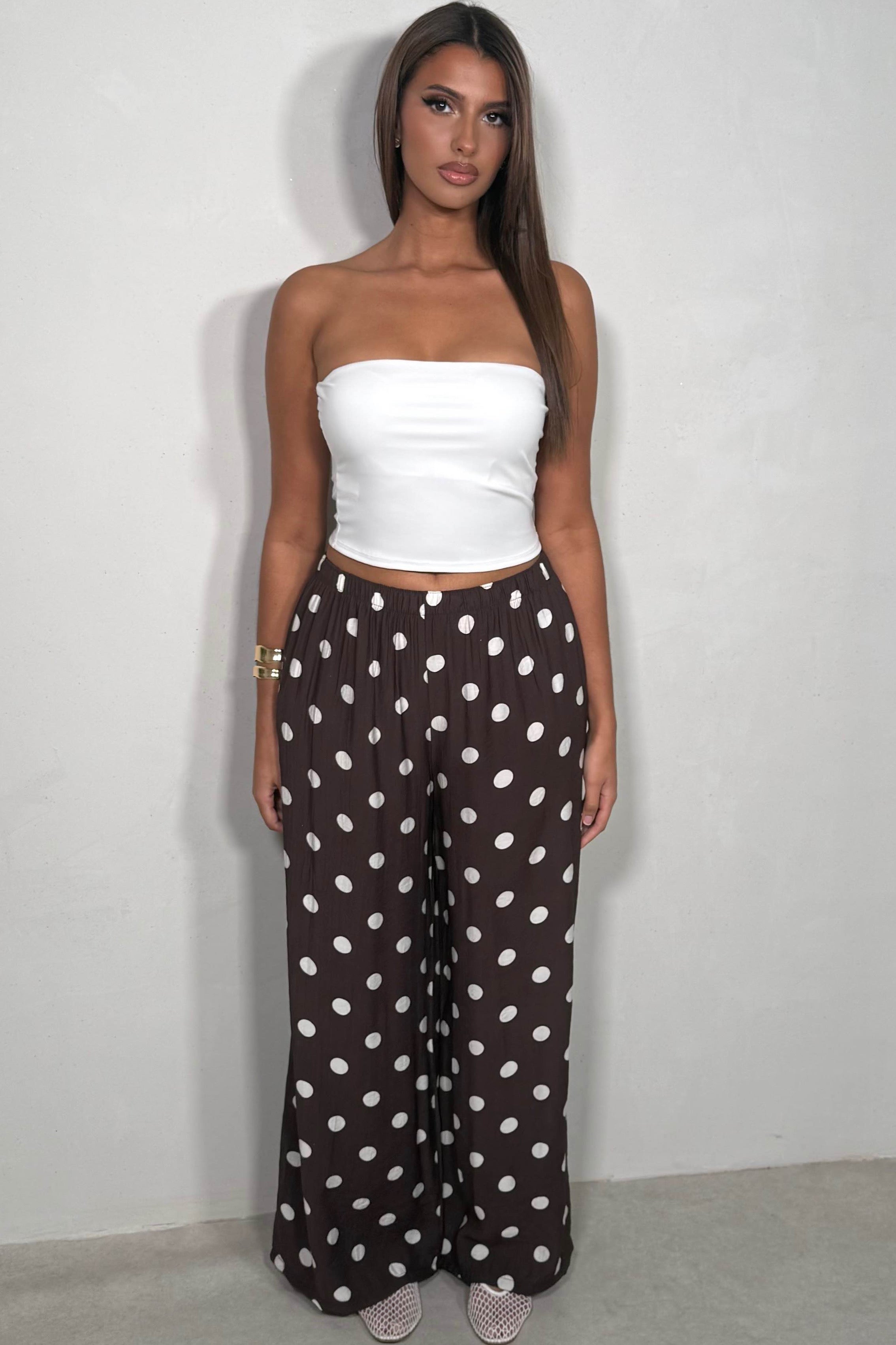 Pantalon large fluide à pois coloris marron taille unique