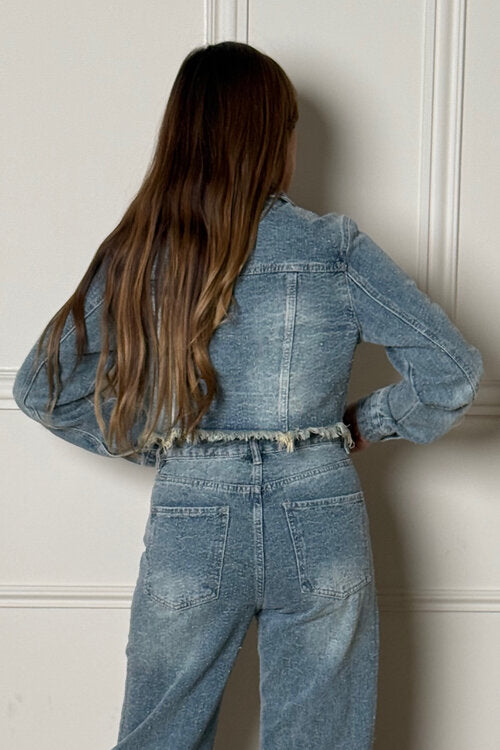 Blouson Court Denim Effiloché Femme