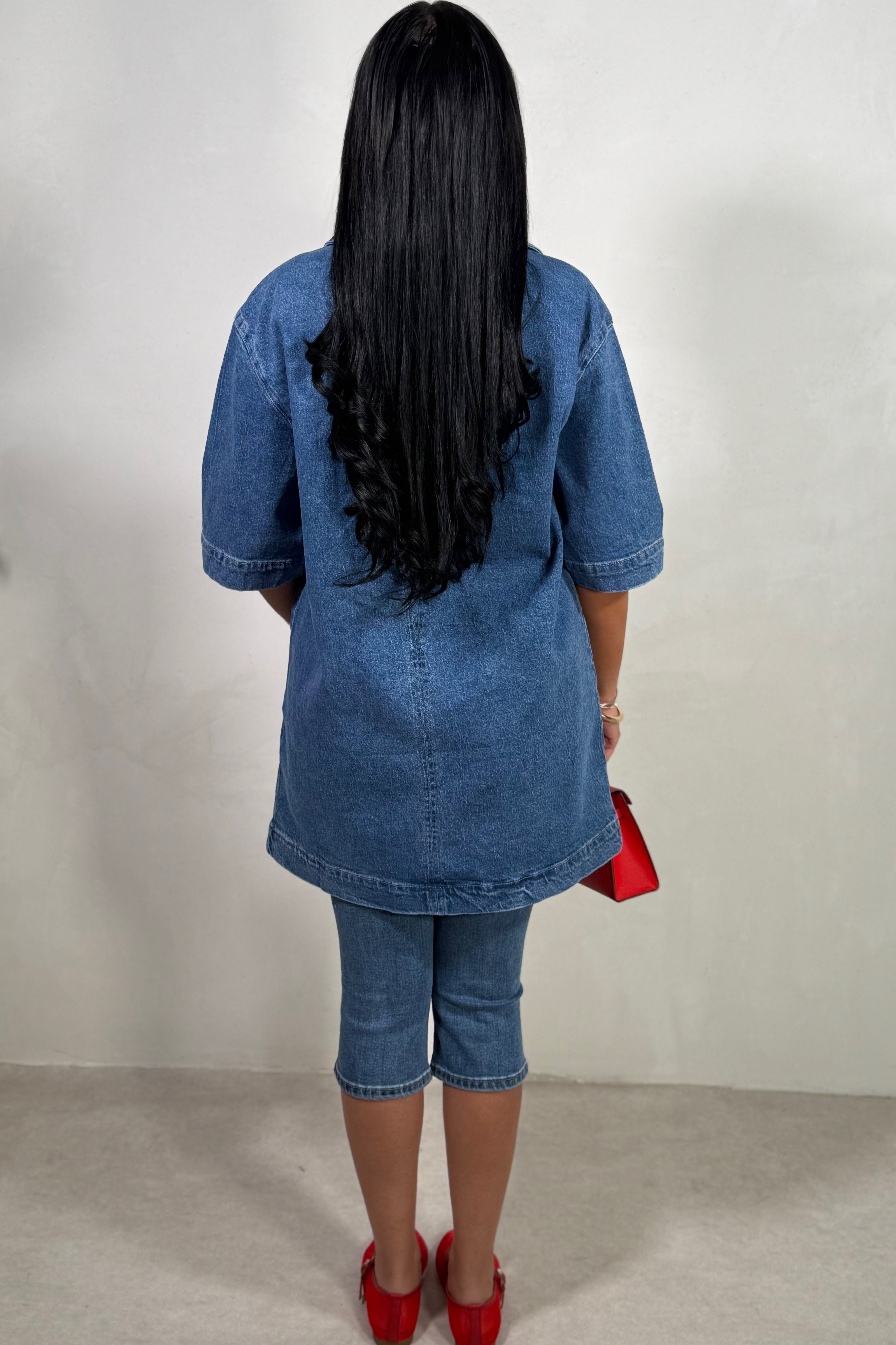 Robe Chemise Courte en Jean à Manches Mi-Longues pour Femme