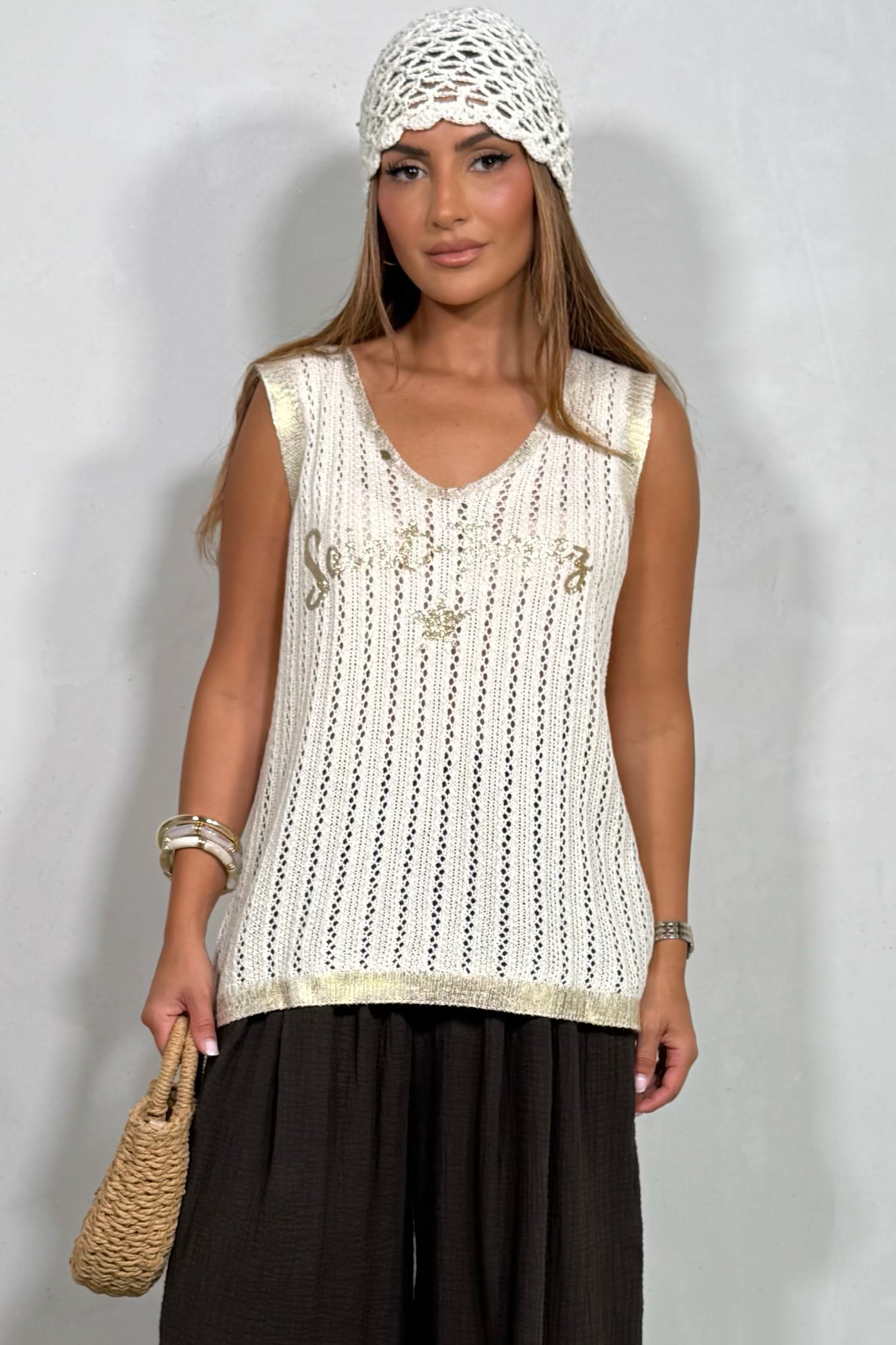 Débardeur Maille Femme Inscription Saint-Tropez avec Bordures Dorées