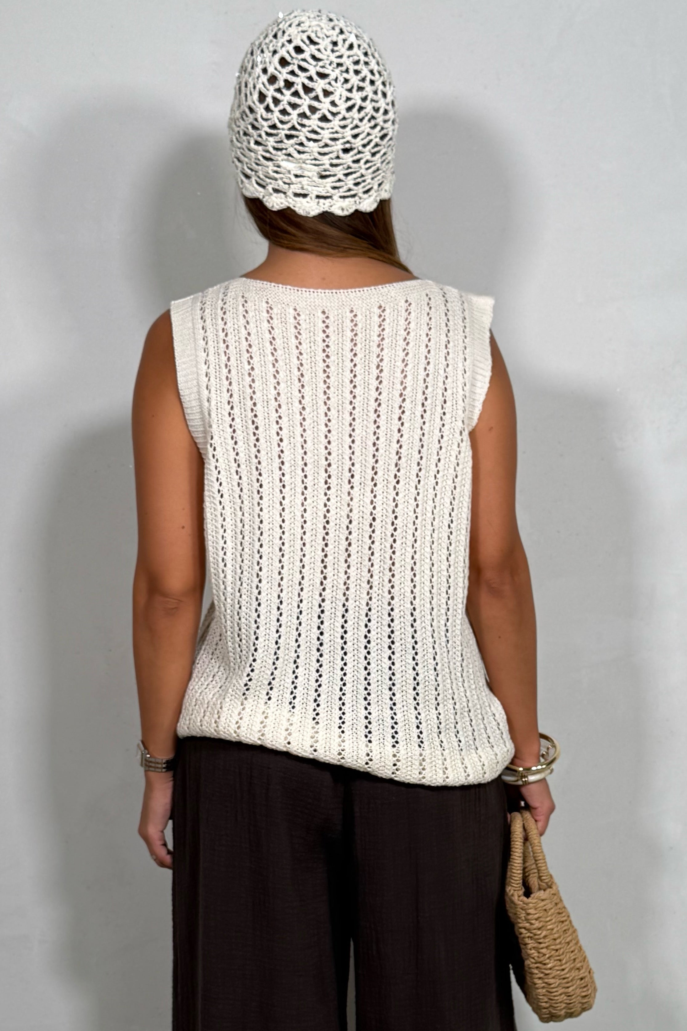 Débardeur Maille Femme Inscription Saint-Tropez avec Bordures Dorées