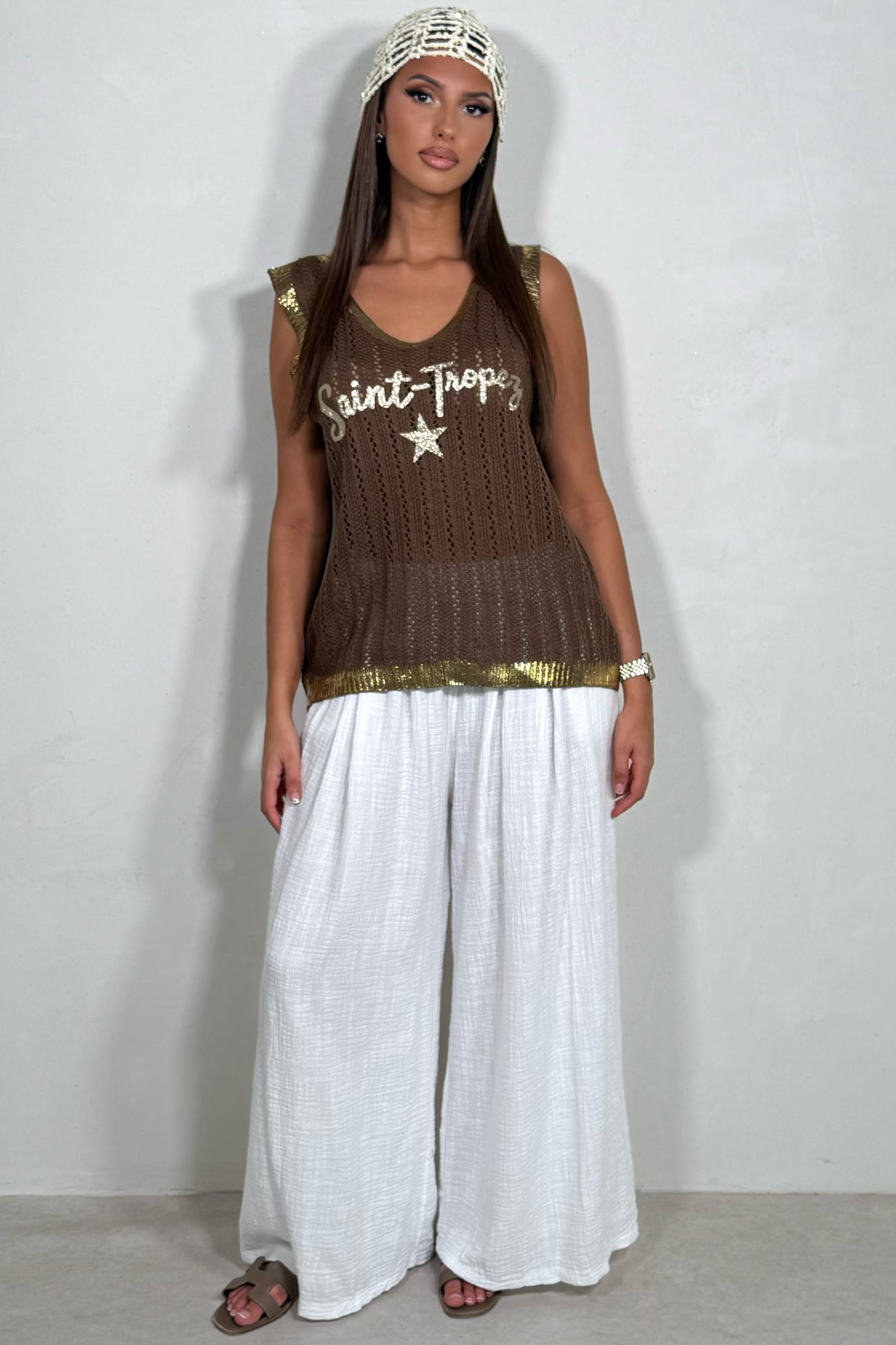 Débardeur Maille Femme Inscription Saint-Tropez avec Bordures Dorées