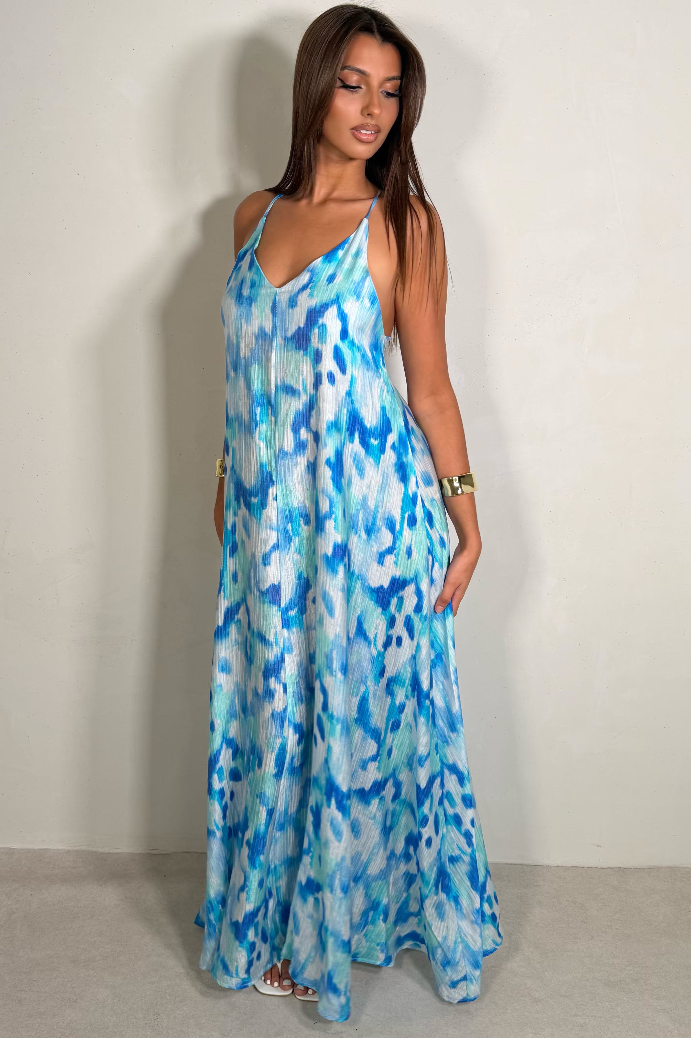 Robe longue fluide imprimée bleu, tissu viscose léger