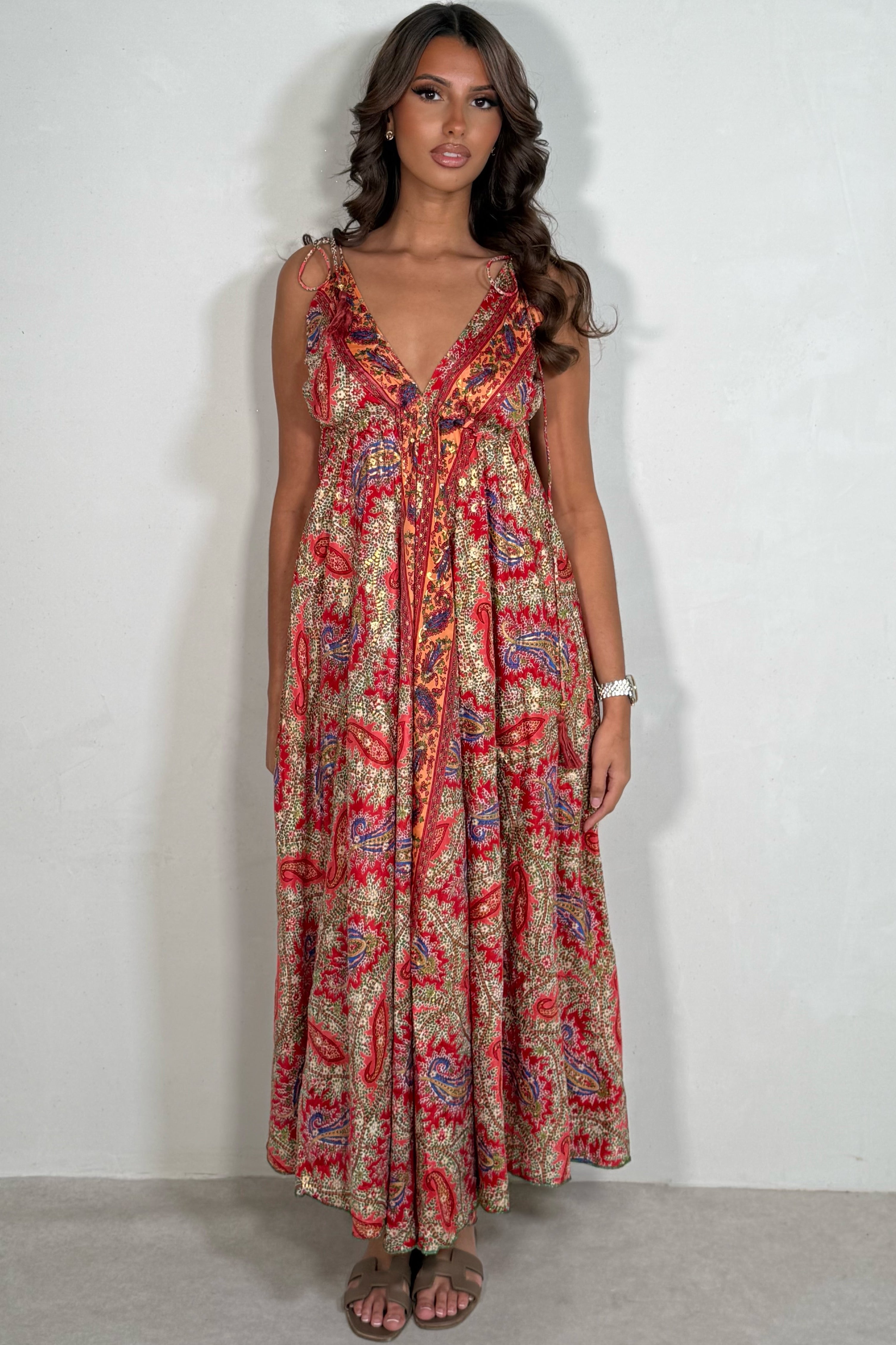 Robe Longue Bohème Imprimé Cachemire - Soie 100% | Bretelles Fines