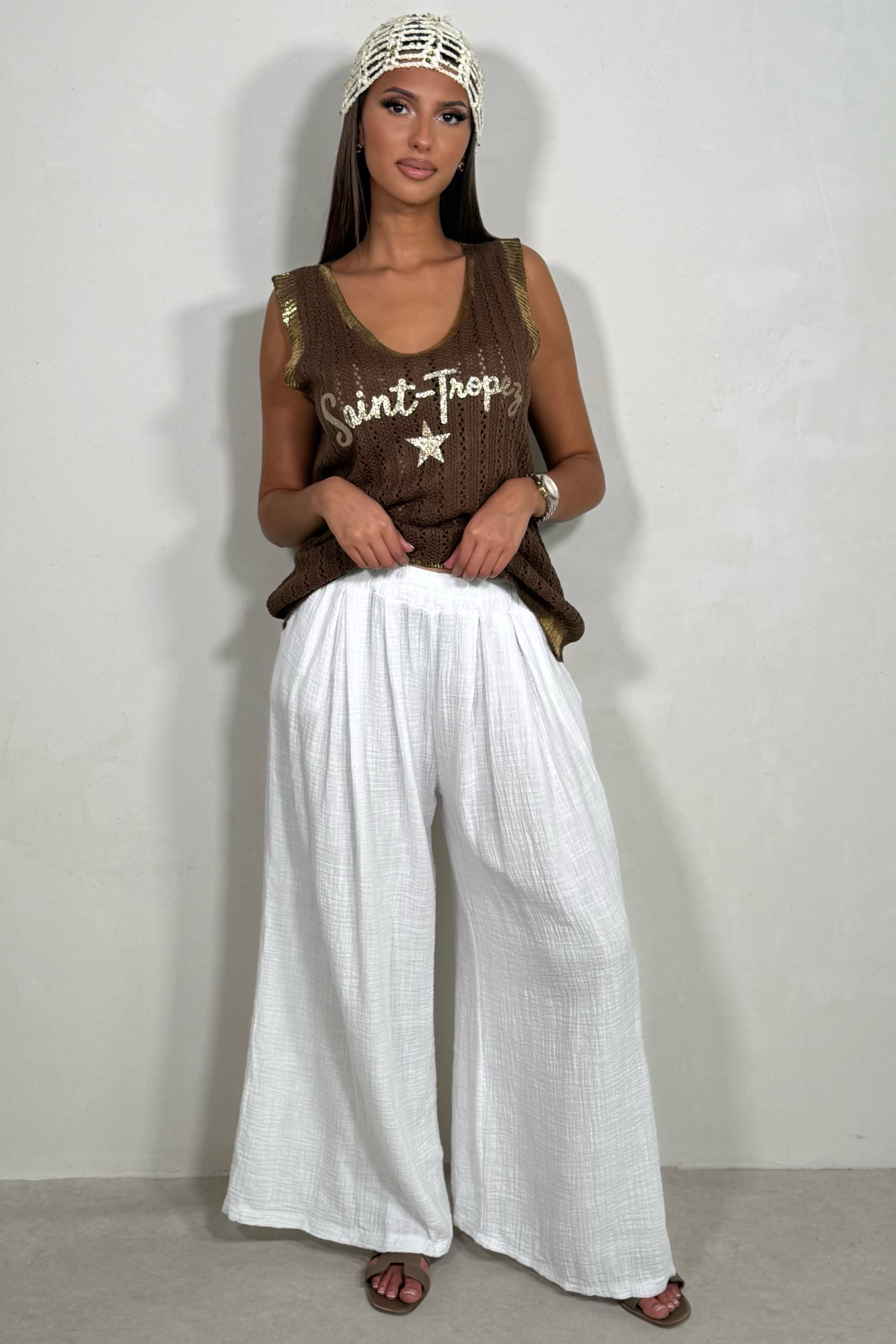 Pantalon Palazzo Femme en Mousseline de Coton Texturée Marron