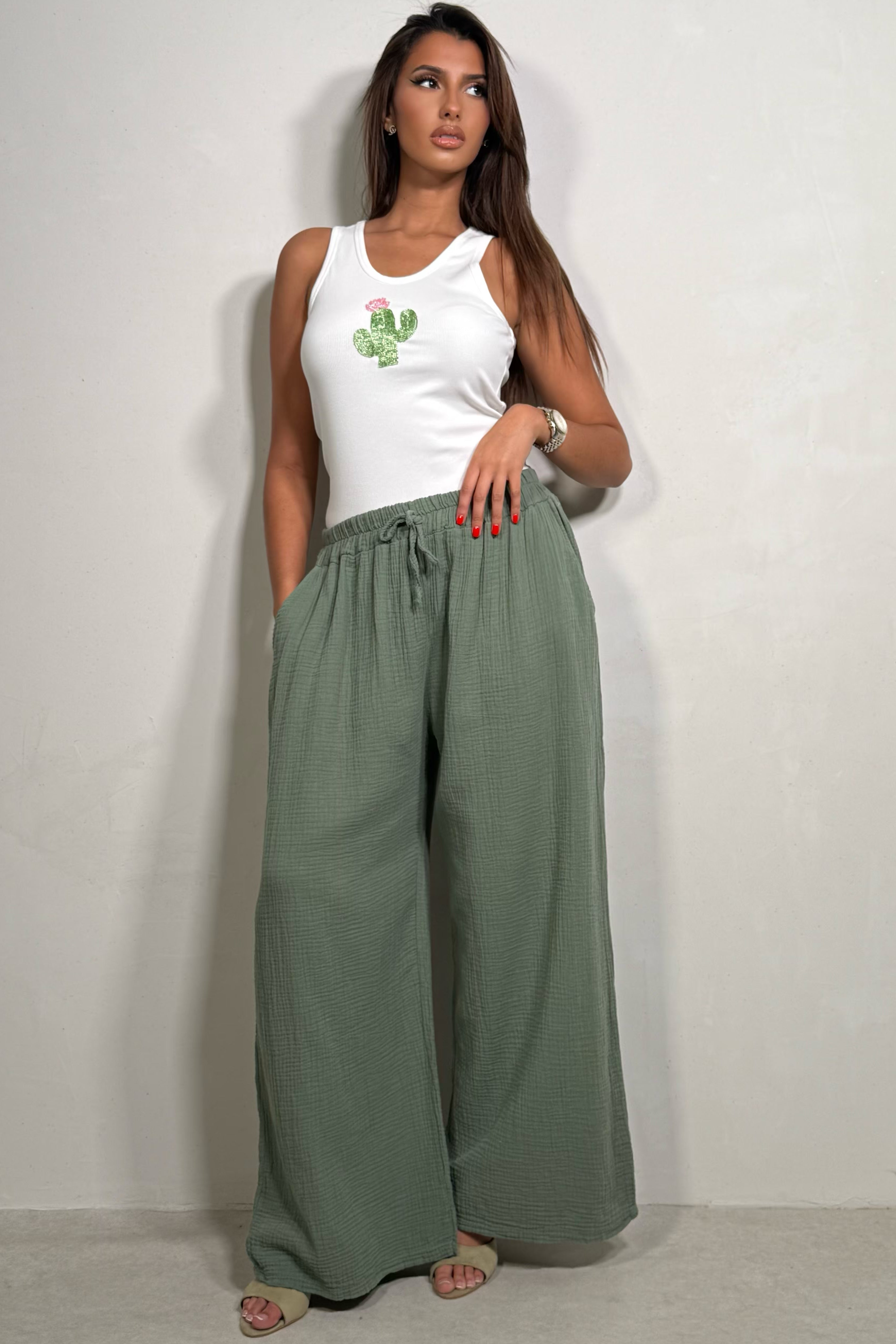 Pantalon Large en Gaze de Coton – Fluidité & Légèreté Kaki Femme