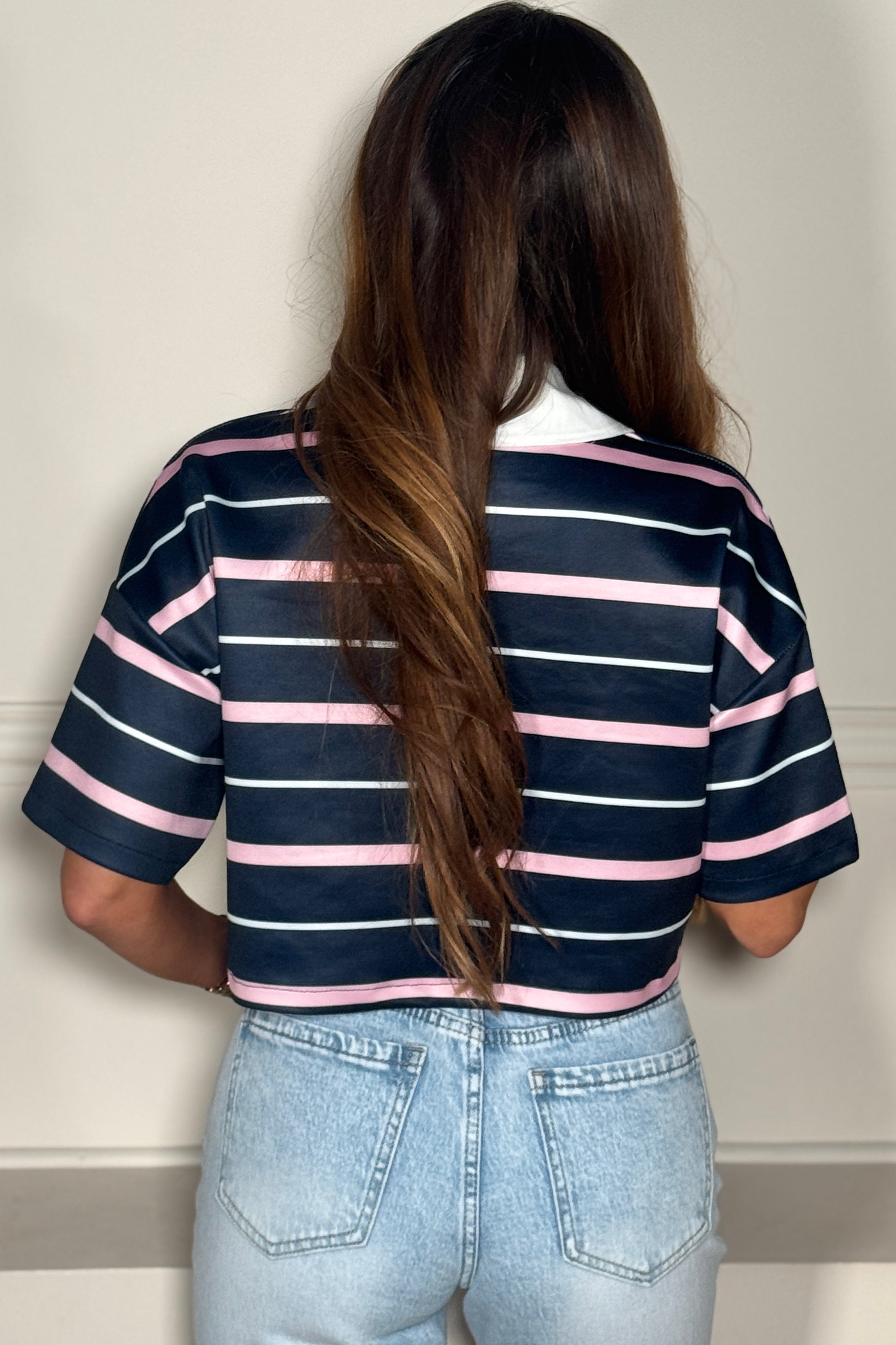 Crop Top Rayé Col Polo Femme - Style Preppy Chic