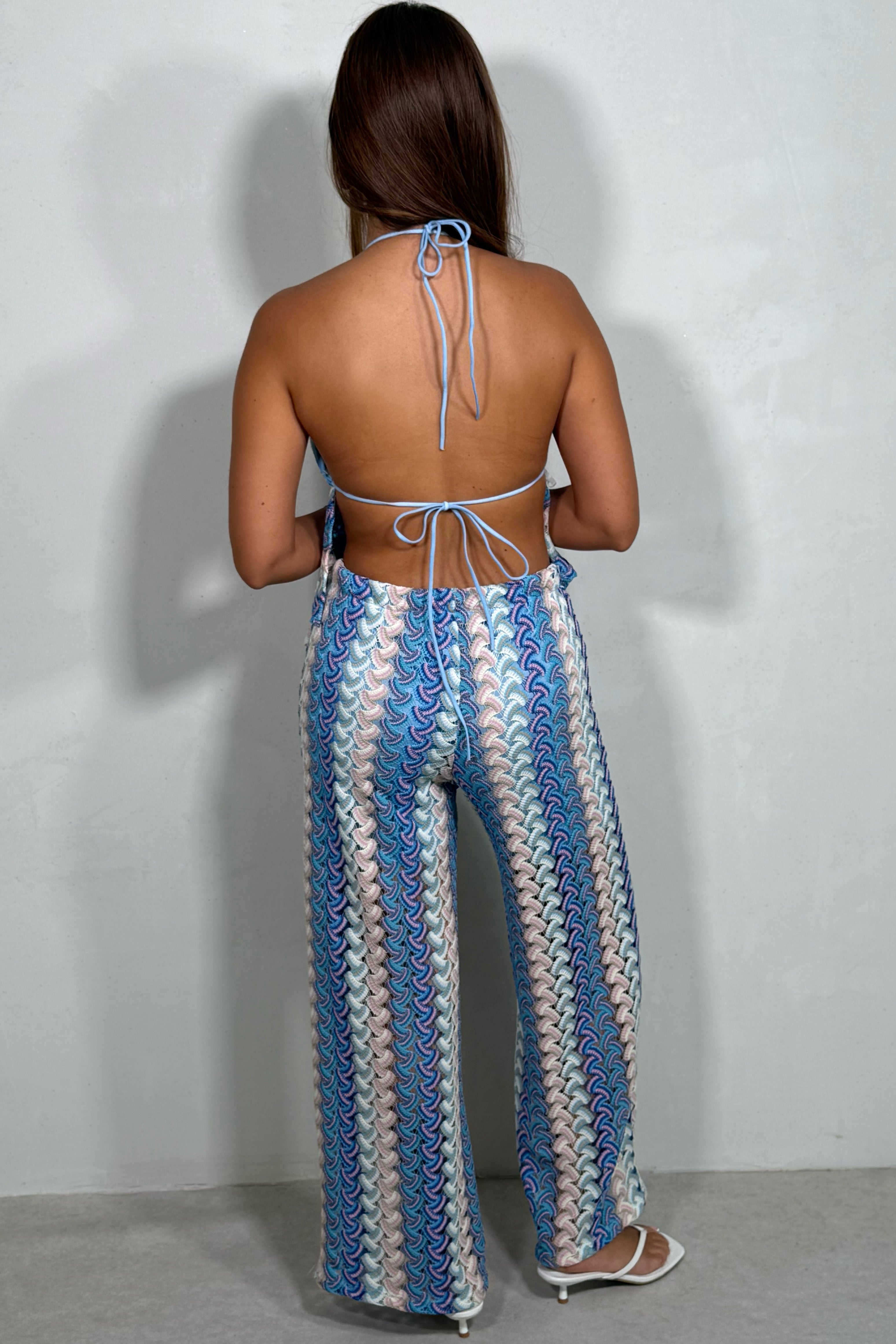 Ensemble 2 Pièces Femme Crochet Imprimé Graphique | Top Dos Nu & Pantalon