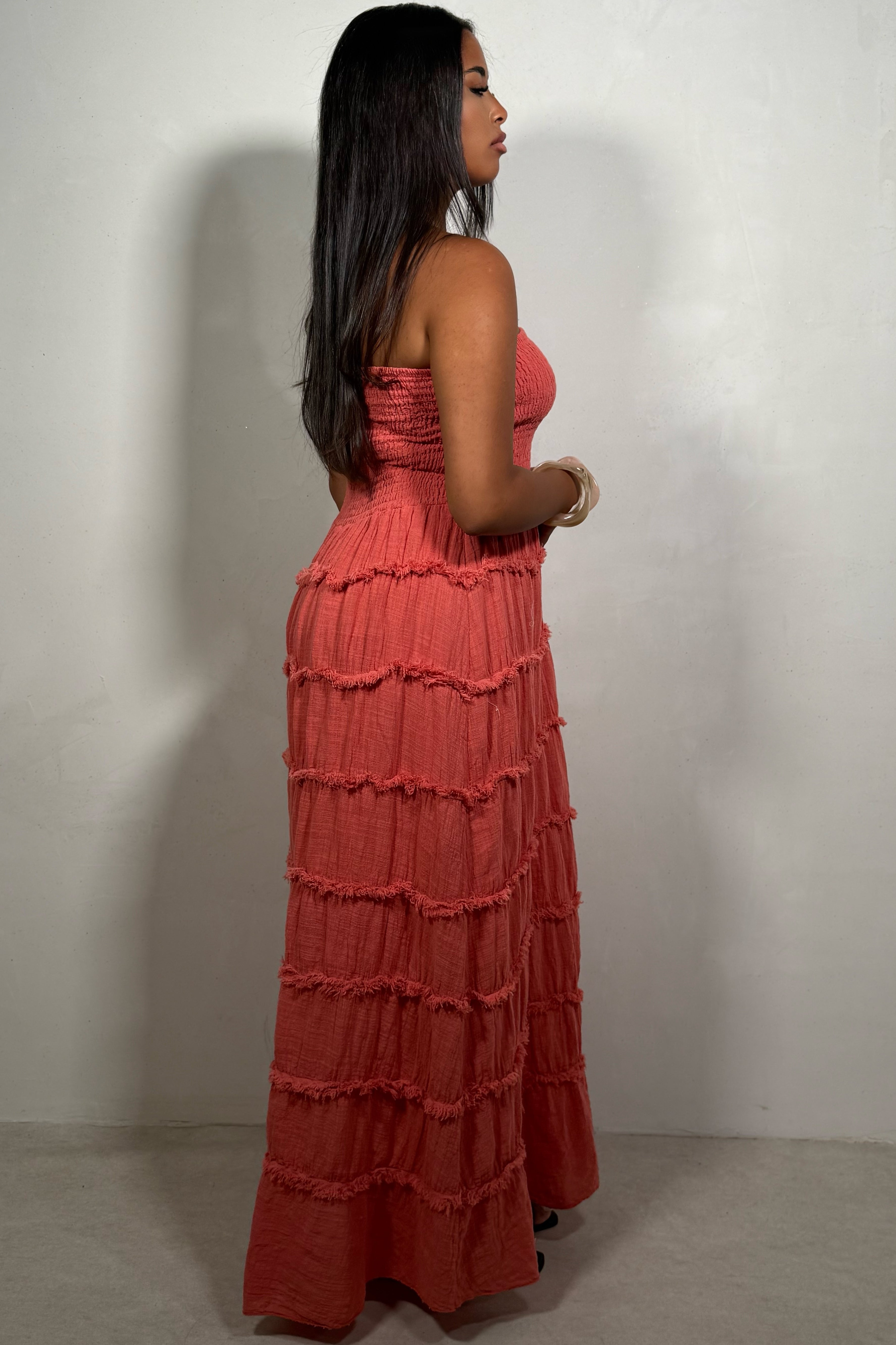 Robe Femme Longue Smockée A Volants