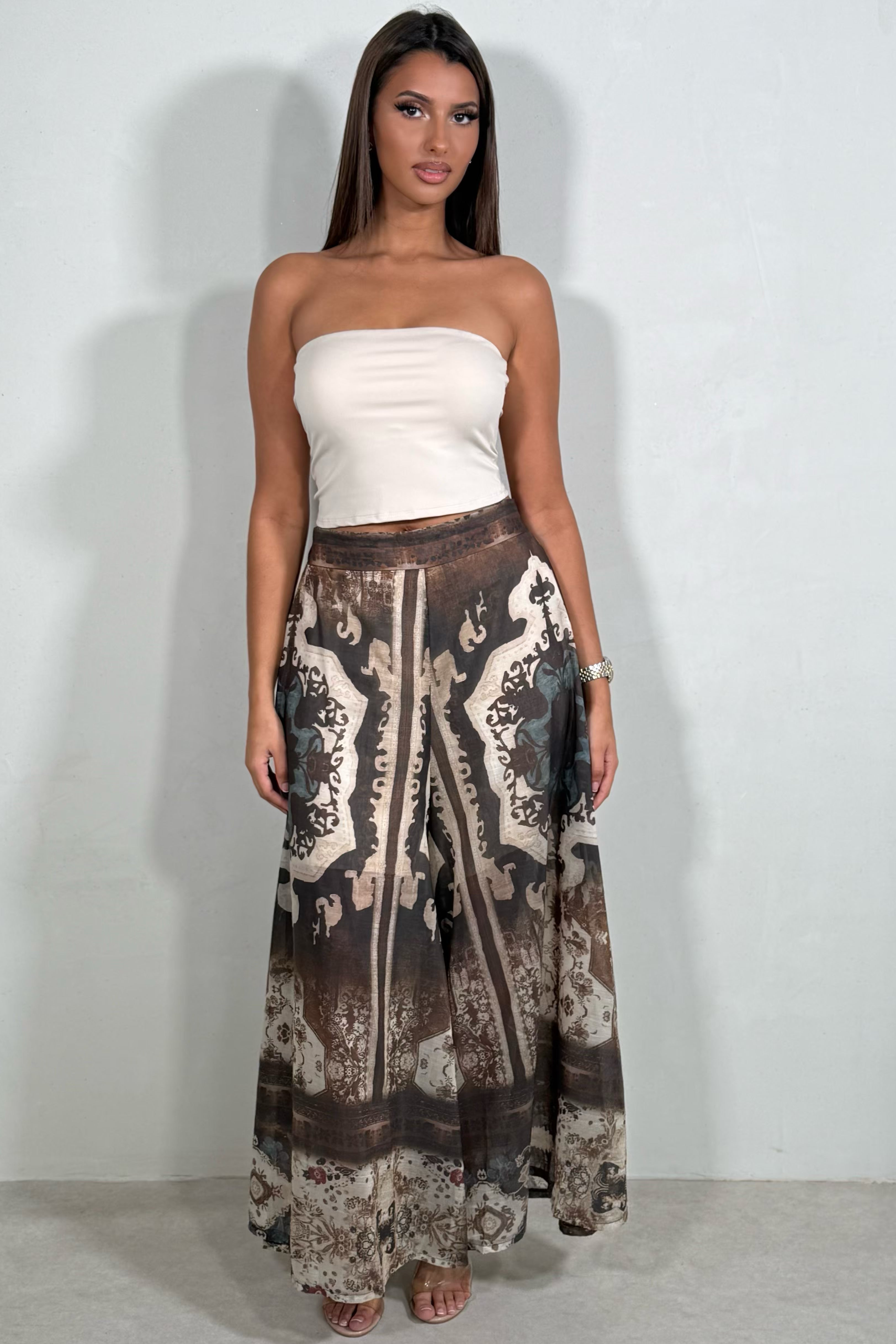 Pantalon Fluide Imprimé Baroque | Marron & Crème