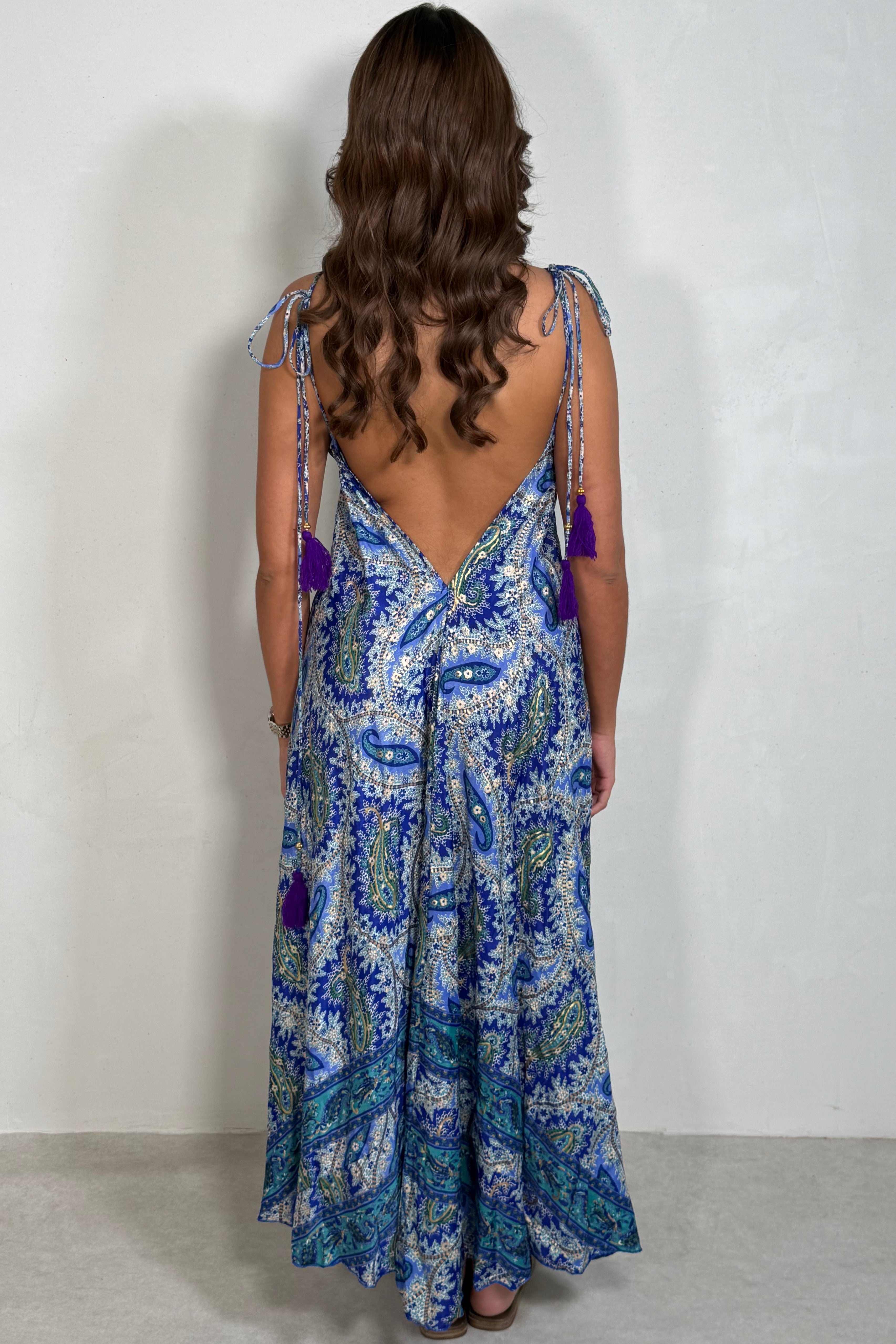 Robe Longue Bohème Imprimé Cachemire - Soie 100% | Bretelles Fines
