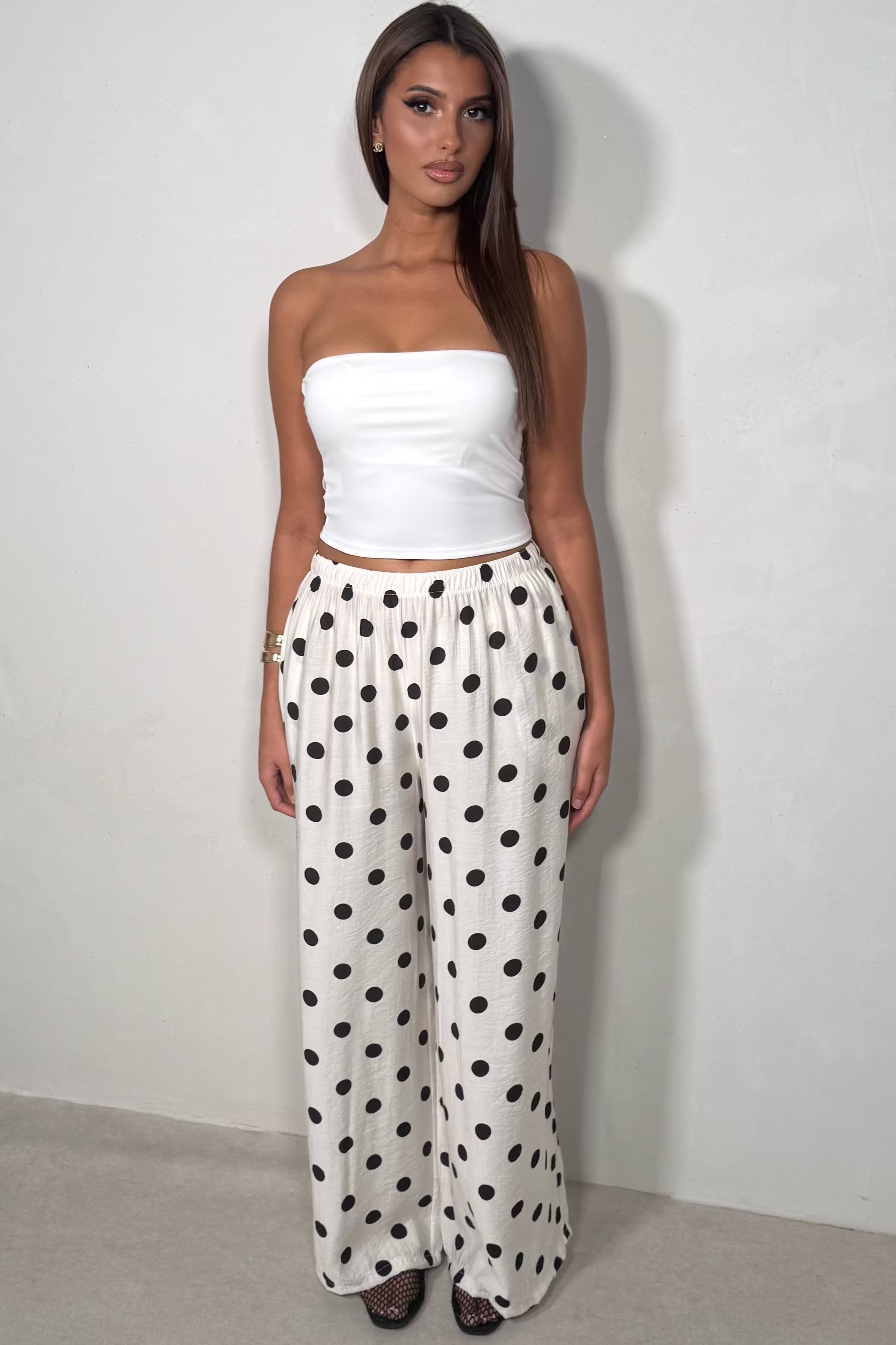 Pantalon large fluide à pois coloris blanc taille unique