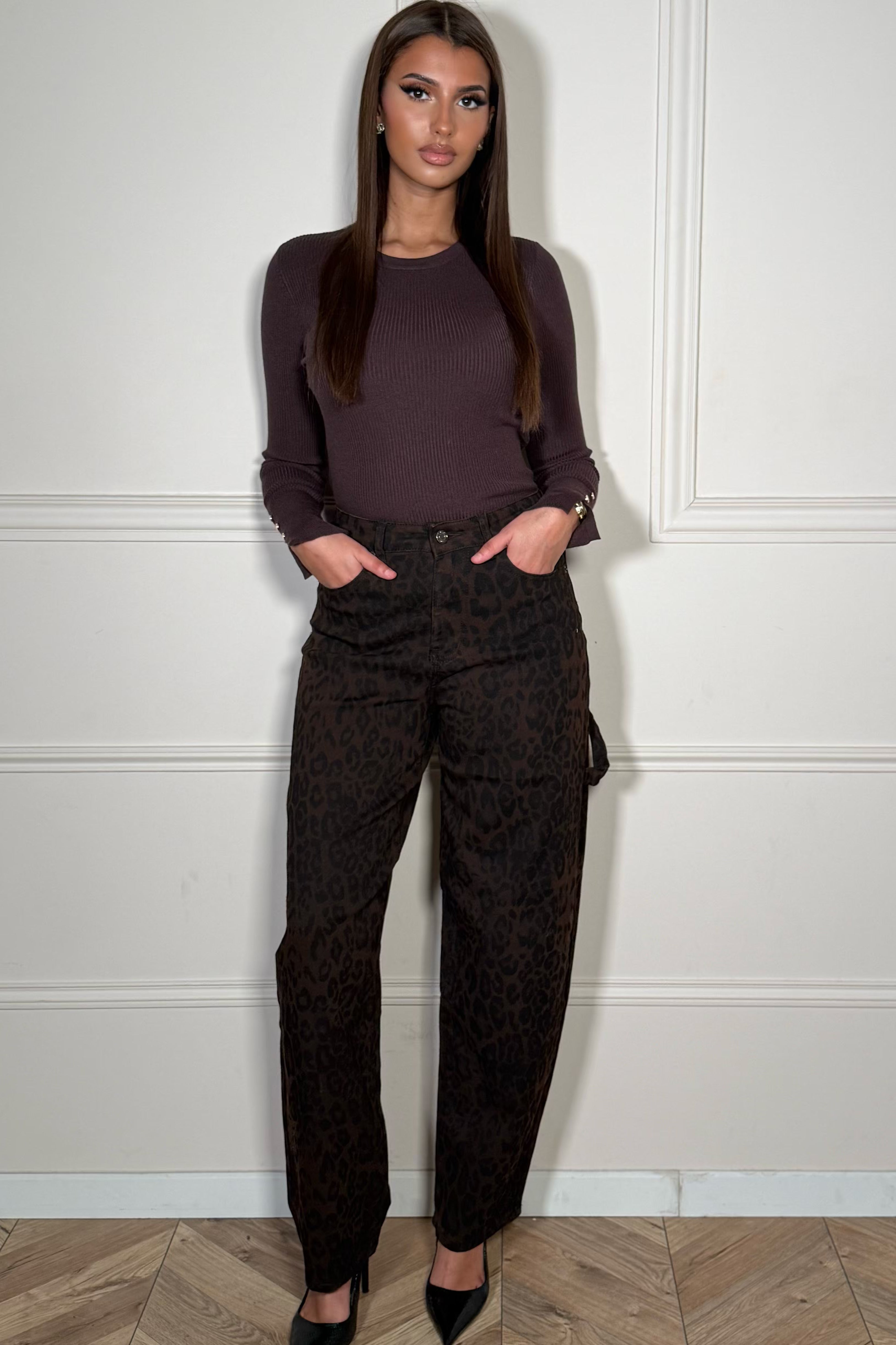 Jeans barrel imprimé léopard taille haute femme