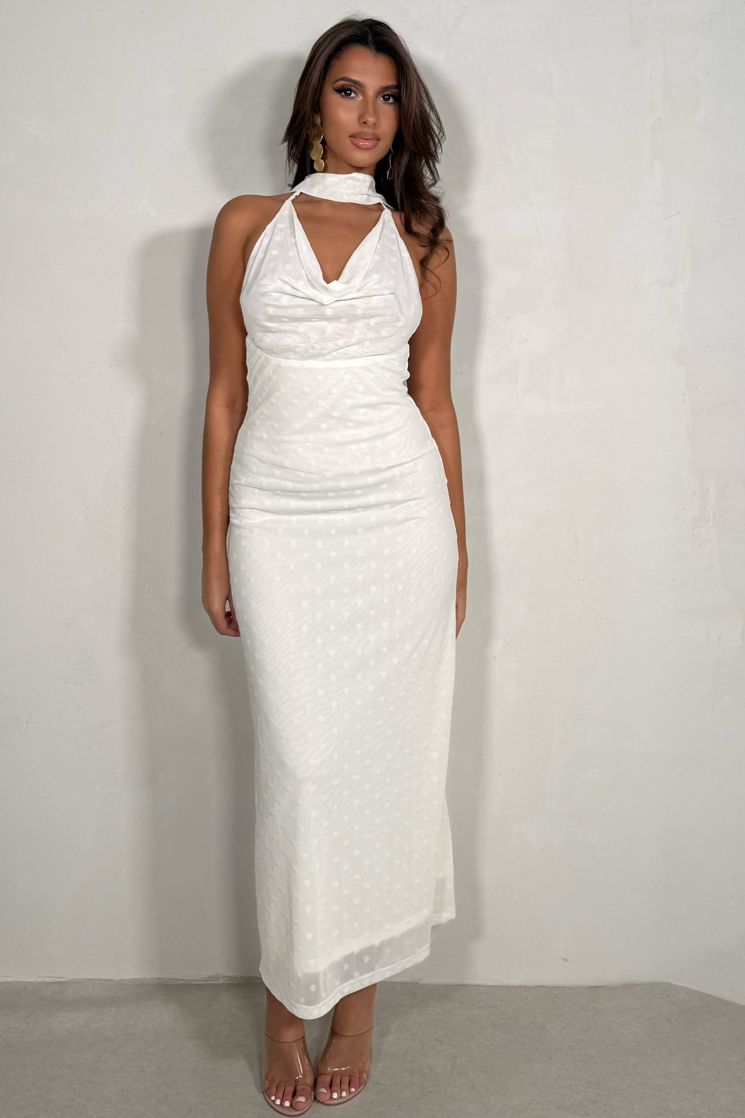 Robe à pois drapée avec châle femme
