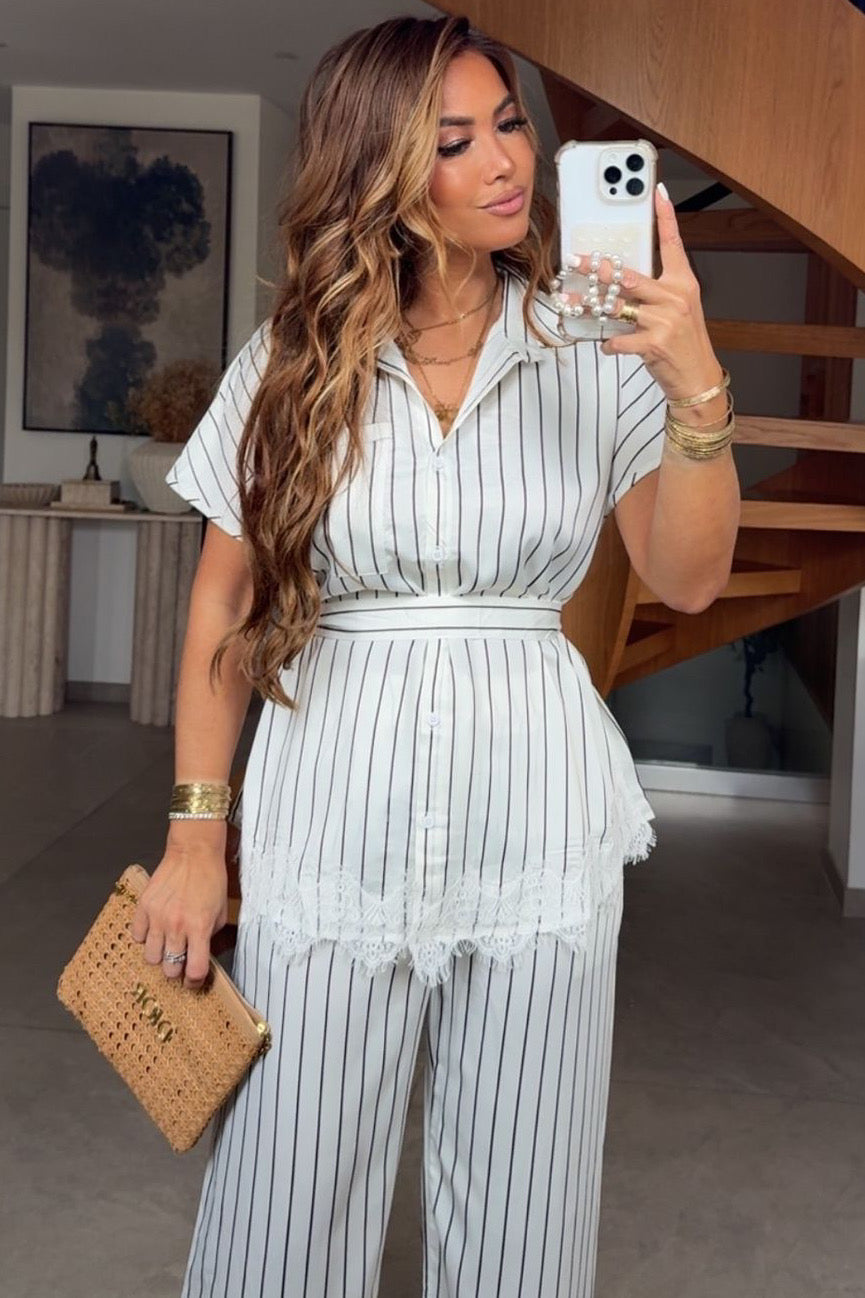Chemise Femme Rayures Noir & Blanc Détail Dentelle
