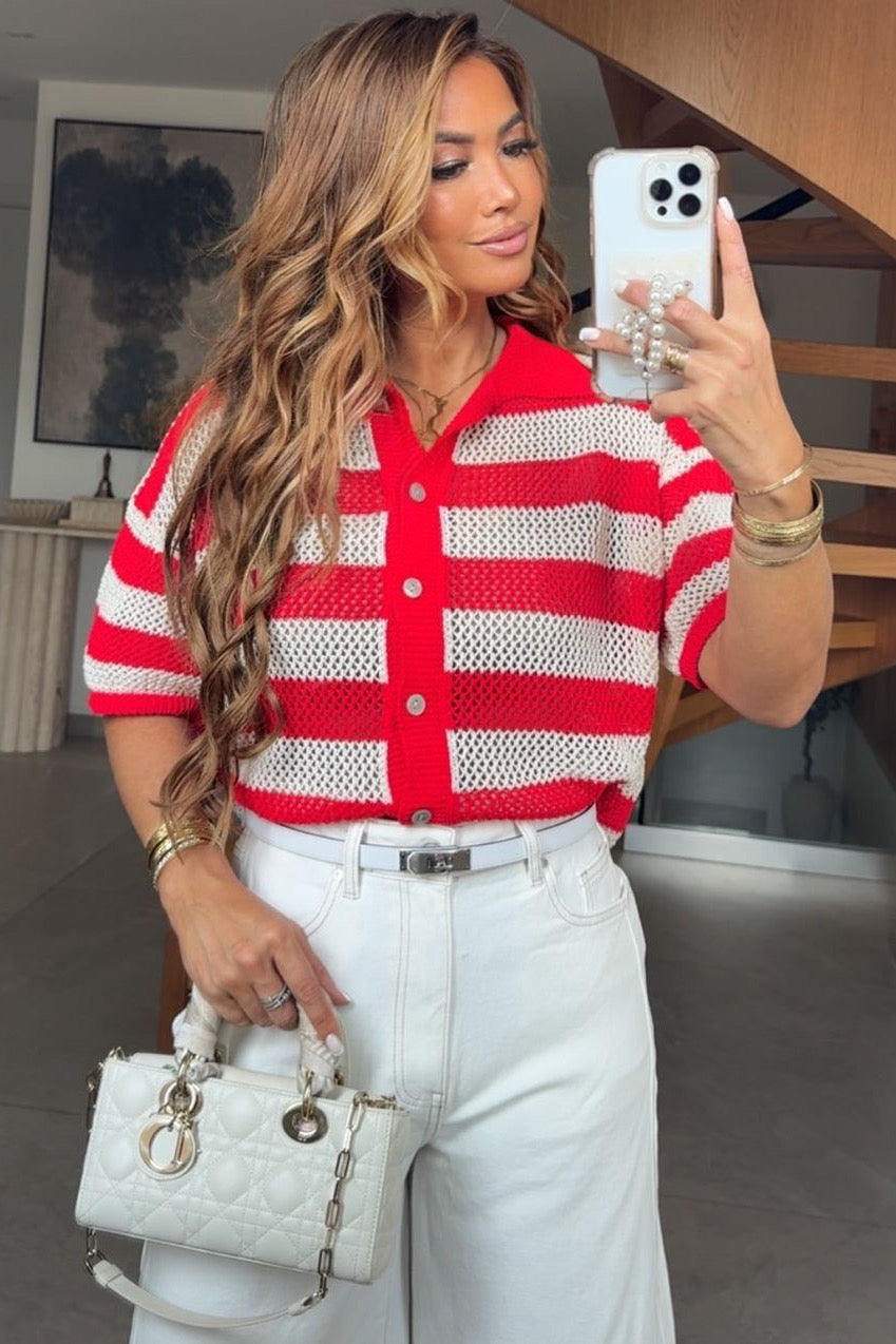Polo Femme en Maille Crochet Rayé