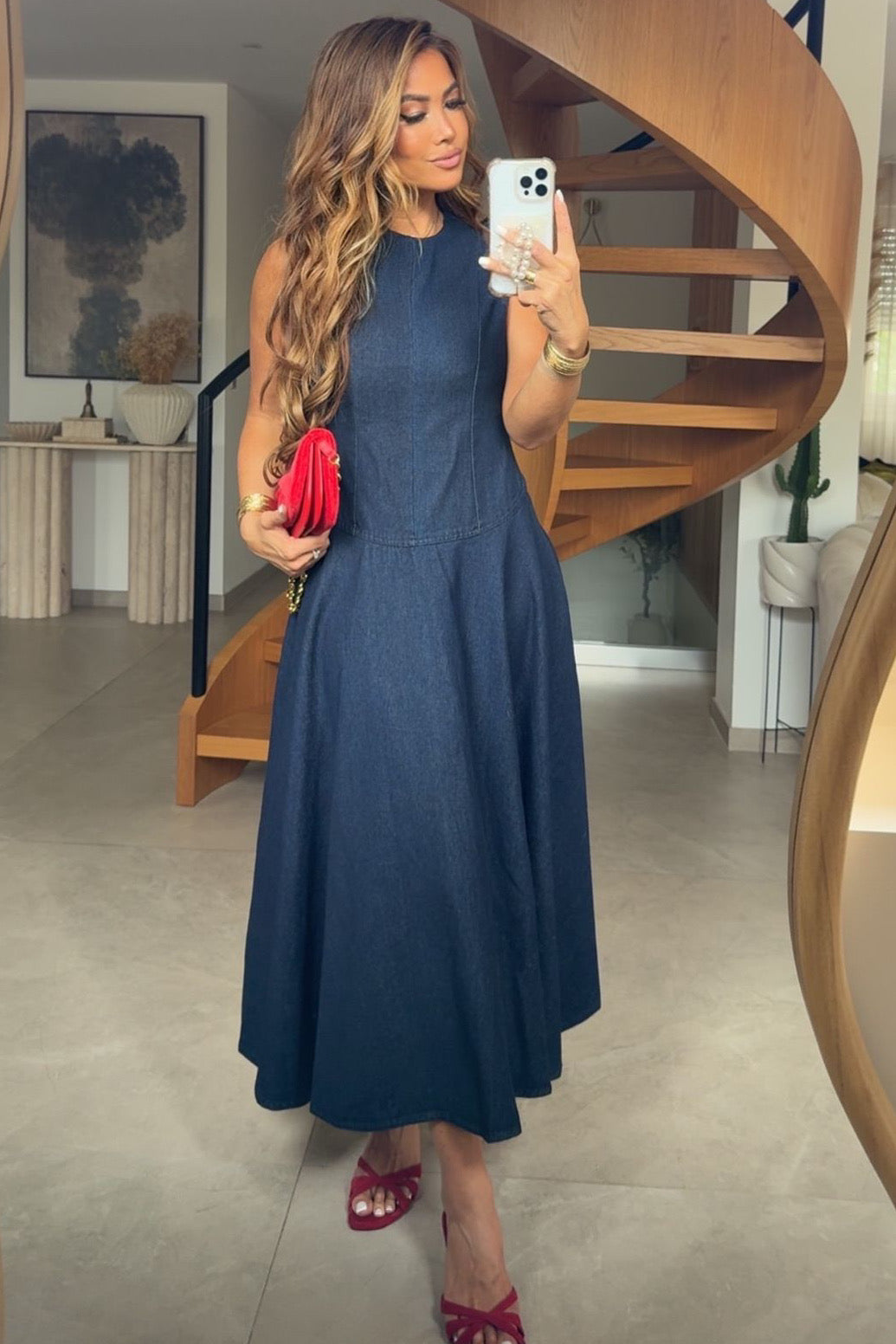 Robe Jean Longue Évasée Dos Nu Plongeant Bleu Brut