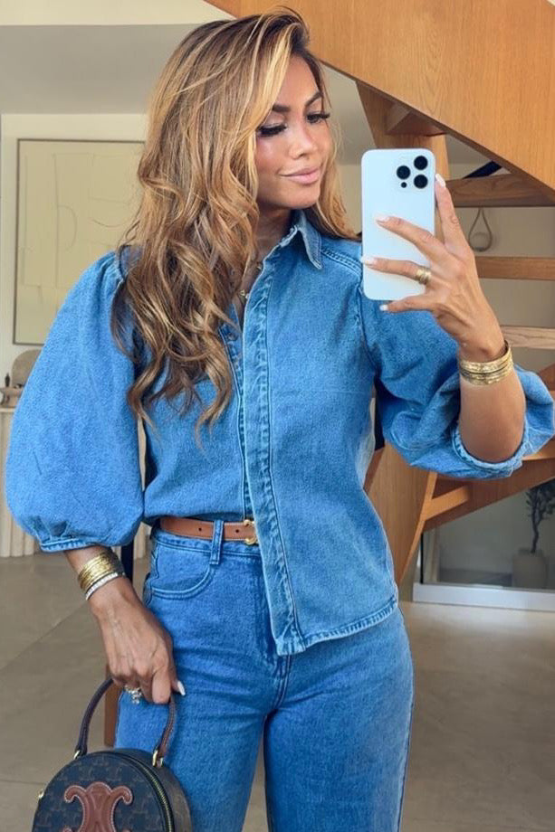 Chemise Denim Manches 3/4 Femme - Style Décontracté Chic