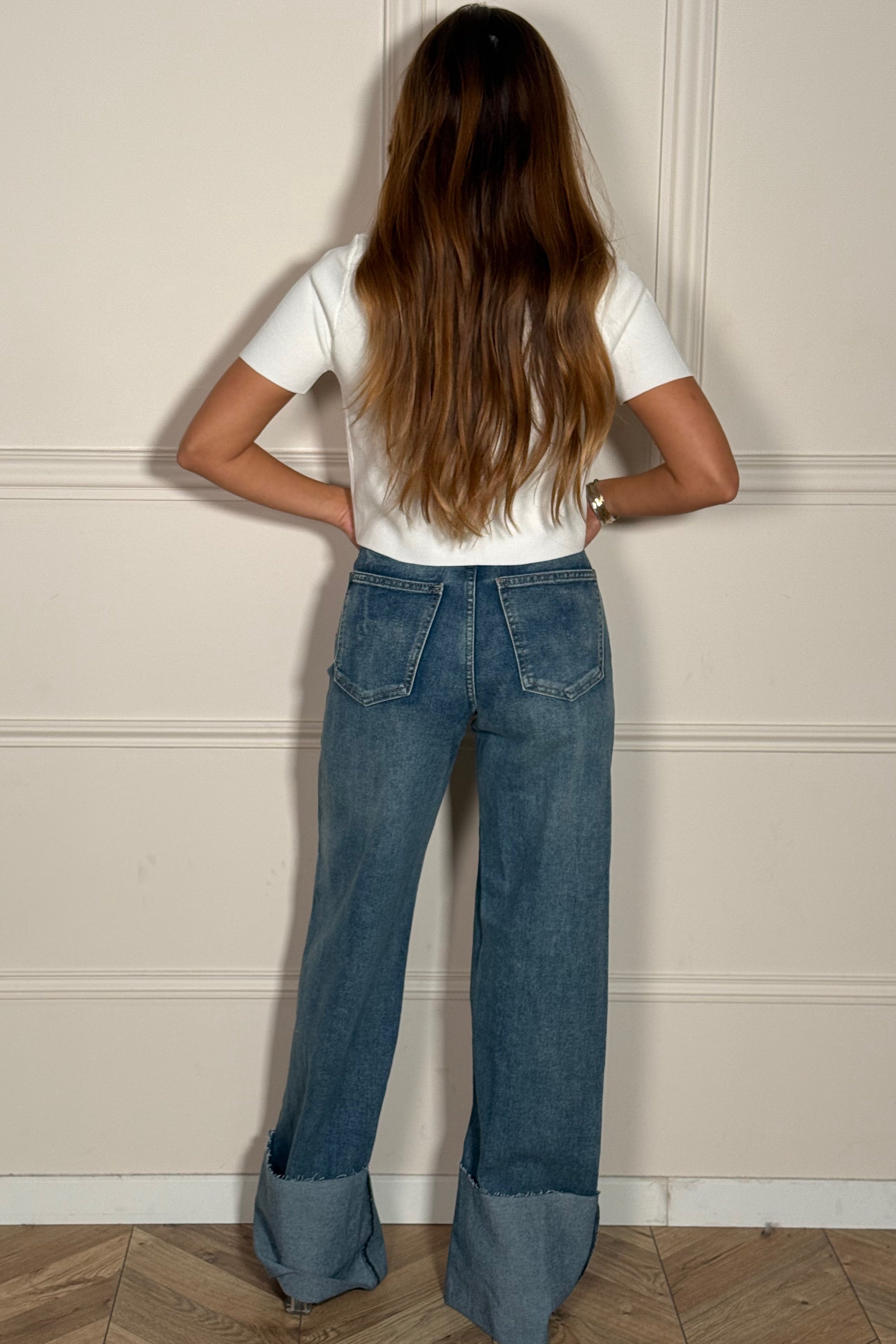 Jeans Femme Flare Taille Haute - Revers Vintage Tendance