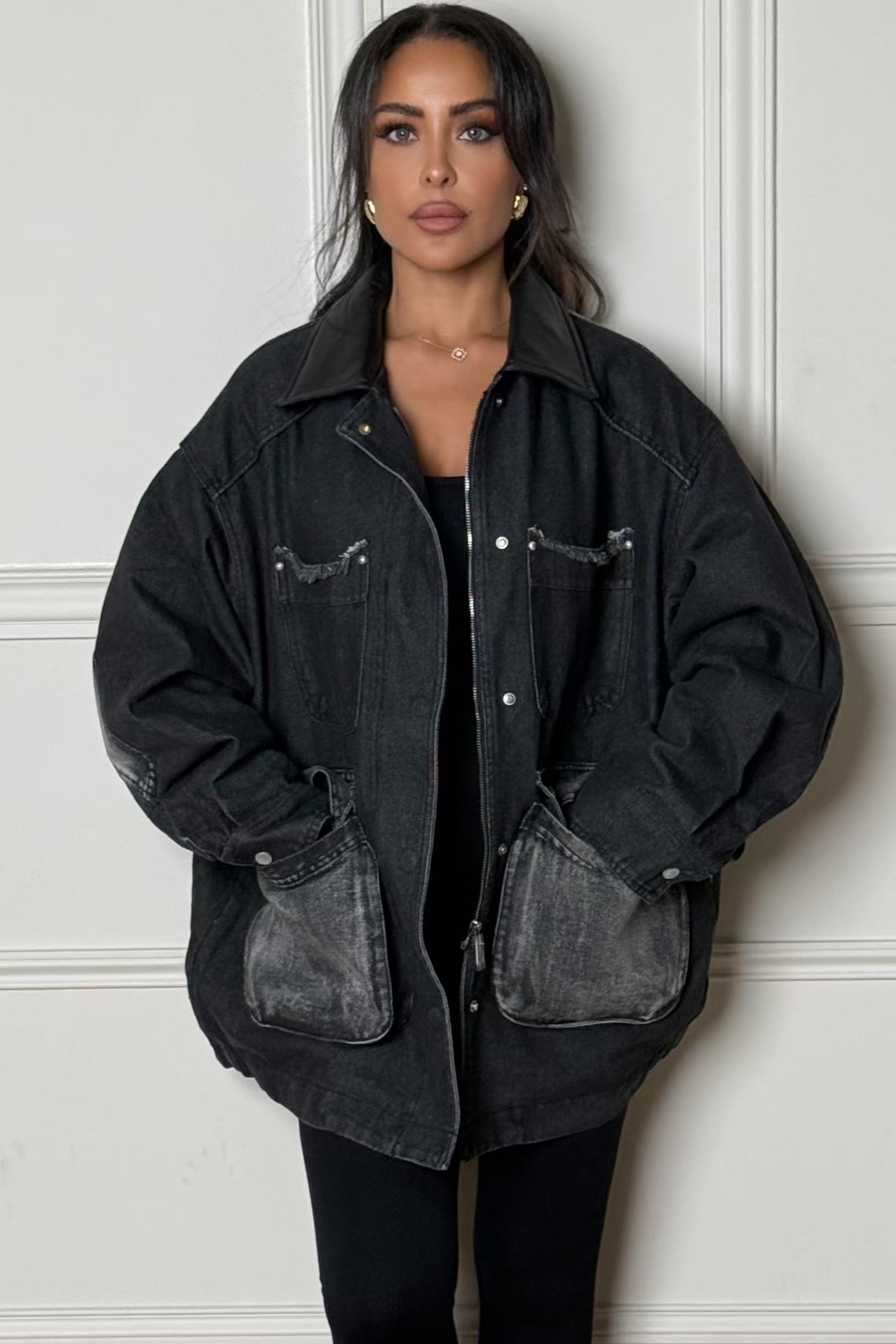 Veste Denim Femme Col Simili Cuir Doublée - Style Rock Chic Moderne