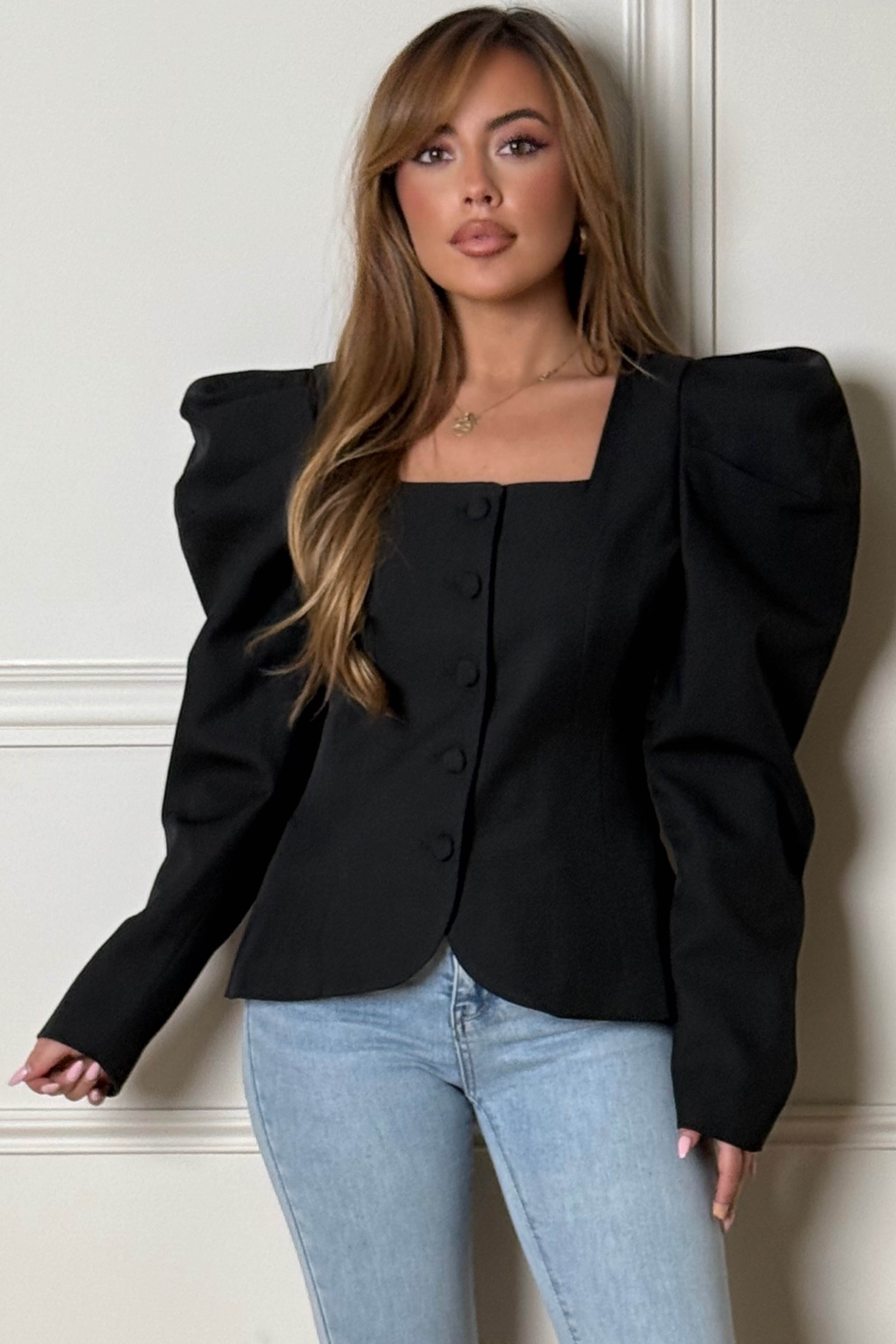 Blazer Femme Col Carré Épaules Bouffantes - Style Élégant et Moderne