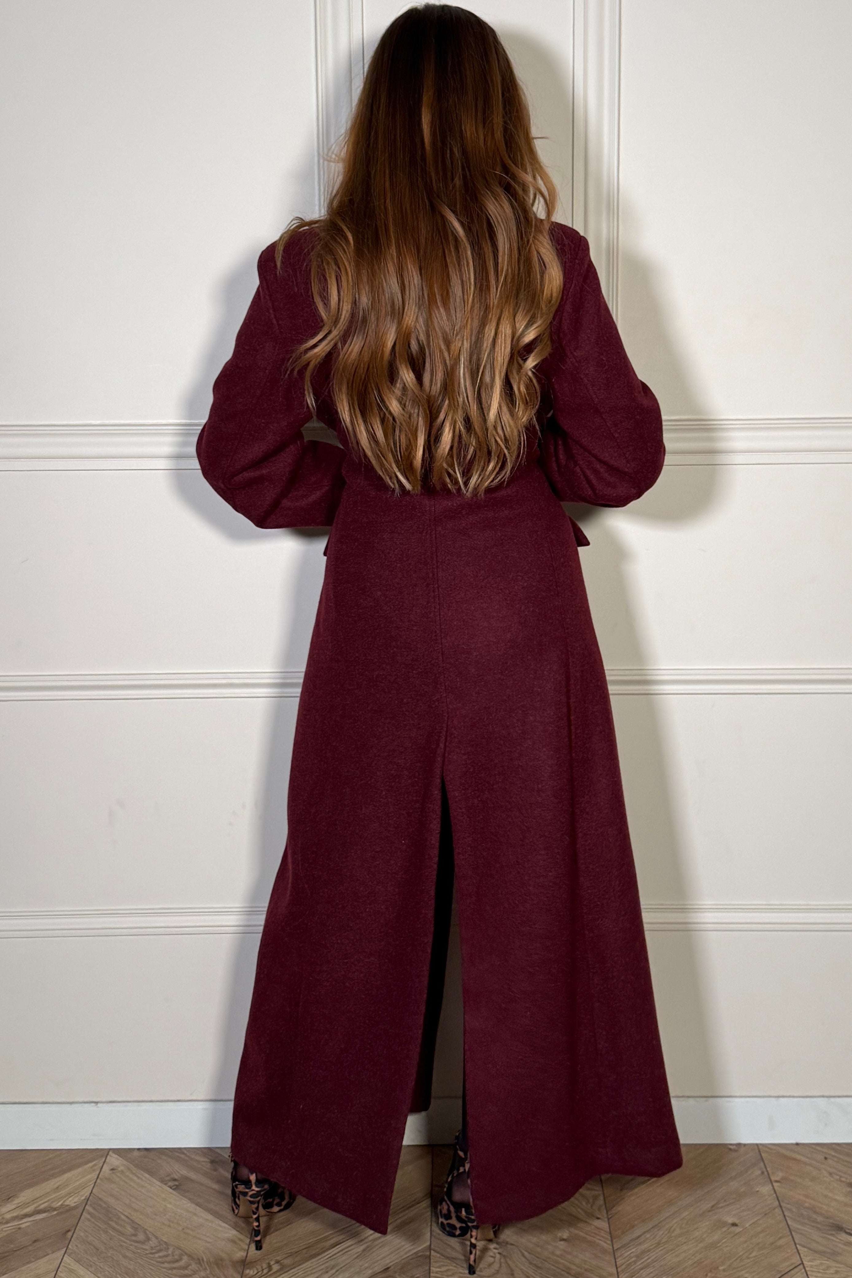 Détail texture manteau blazer maxi long, tissu premium