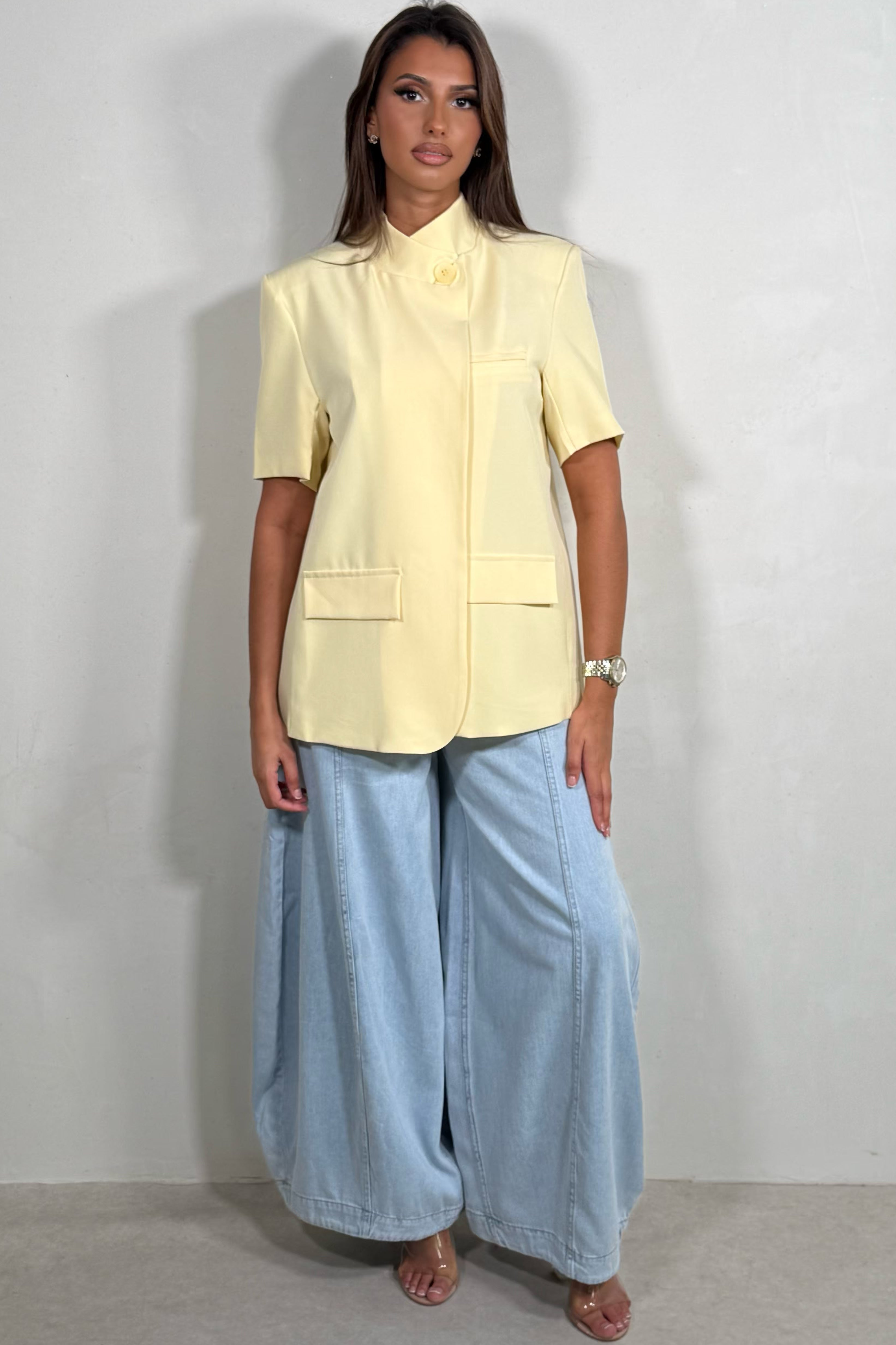 Veste Blazer Femme à Manche courte, Dos Croisé et Fendu