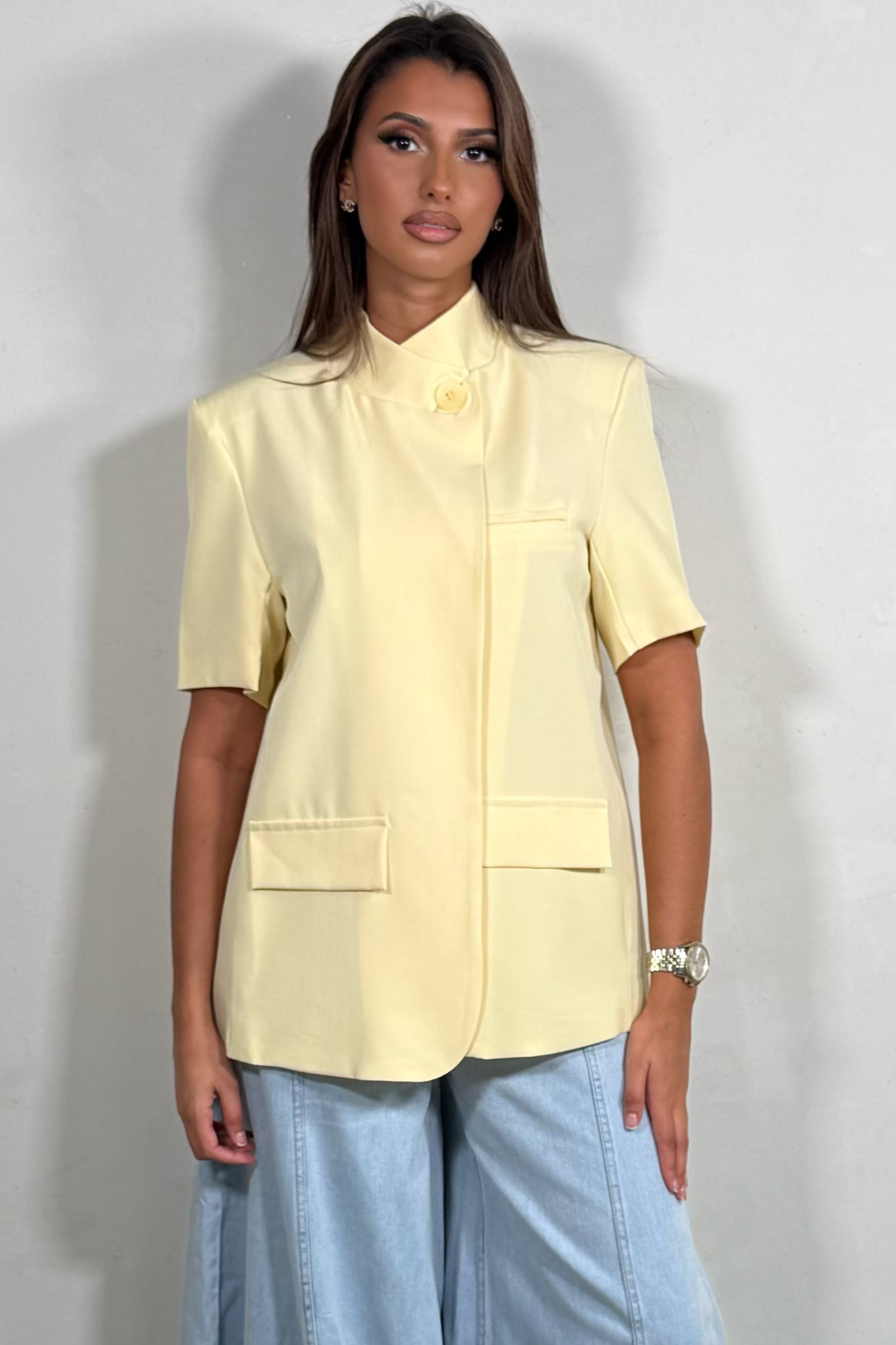 Veste Blazer Femme à Manche courte, Dos Croisé et Fendu